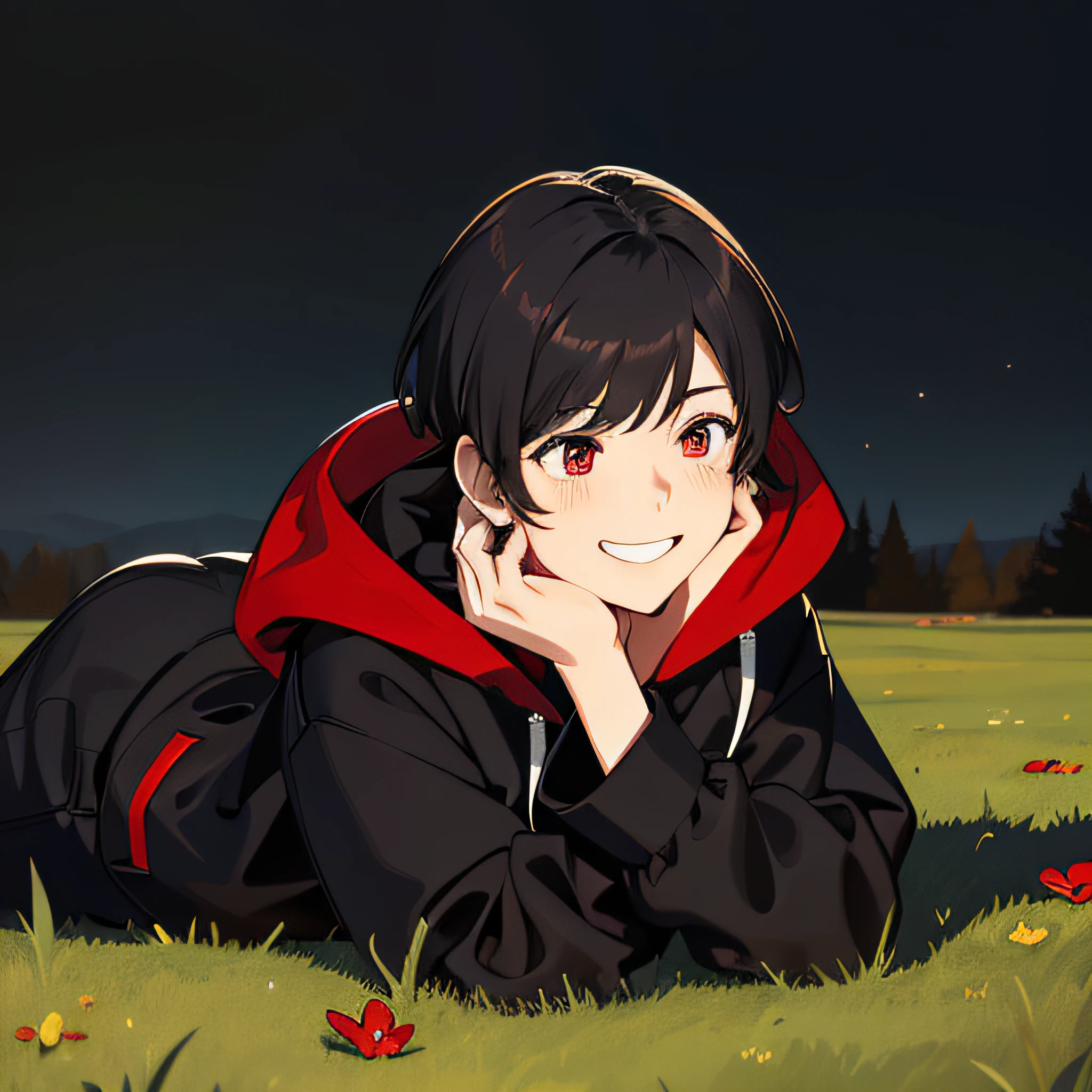 A boy with，Laughing expression，red color eyes，with short black hair，black   hoodie，lying on the grass ground