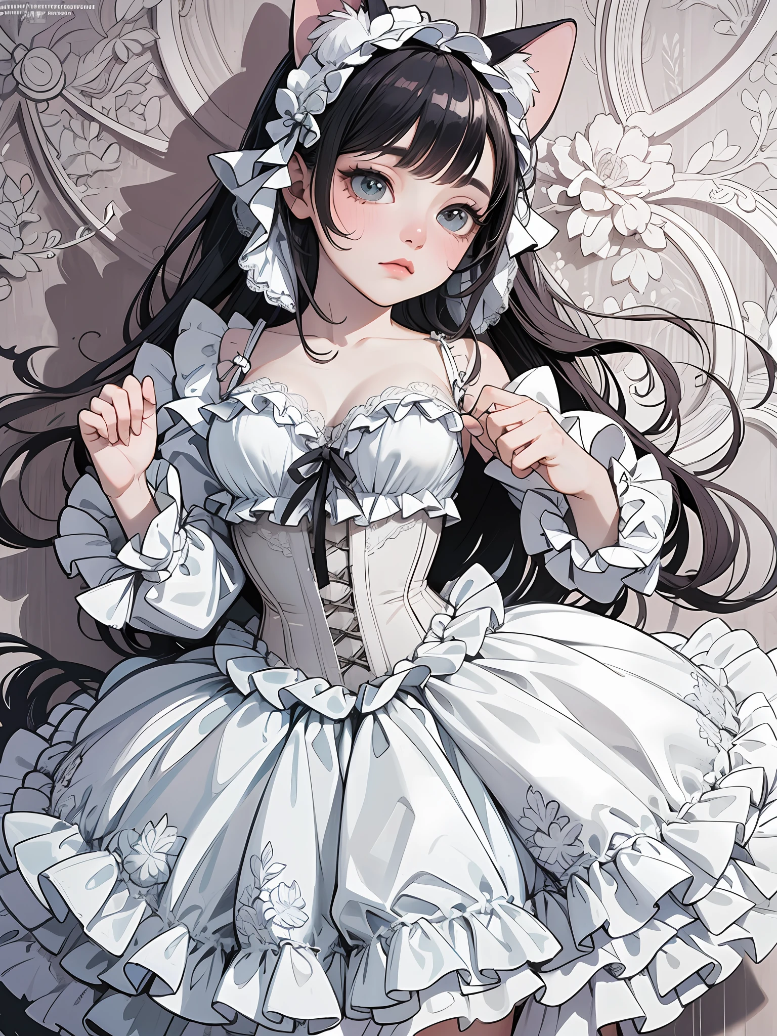 (Artwork of exceptional craftsmanship),(Detailed illustrations,(Very ideal anatomy),Very detailed and detailed drawing,Delicate lines with slow and rapid,(Realistic texture expression)),[Color tressed main line],[Strange bedroom background],[HENTAI ANIME] (JapaneseGirl (Beautiful shape) 15yo student [Luxury Girl] (cat ear ((plump)) (large chest with drooping,[wide areola]))),(Full body lingerie (Pure white corset) (Ribbon Ruffled Lace Fabric [lolita fashion])),[Realistic and glossy skin expression ([High humidity] (Soft body)),([sitting] [[boredom]] gravure),Transparency, soft ambient light,(Perfectly proportioned),(Fine and beautiful skin expression [realistic skin detail]),[Design built to the highest level,[Advanced structural understanding of materials],Ideal color coordination],(Intricate and beautiful decoration [Dense detail]),(More on shiny hair),[Perfect hand details [Beautiful Finger]],(Beautiful perfect face [Realistic face details]),[Clear gaze],[long and beautiful eyelashes],[Perfect eye details (Eyes beautifully drawn down to the smallest detail)],(detaileds,high-detail),([Precision Detail],[multi-layer texture],HighQuality,hight resolution),[(Accurate simulation of light-material interactions),Understanding Airflow,Mechanically correct representation],[Visual art that conveys a sense of narrative] [Full body like],[[Desaturation]].