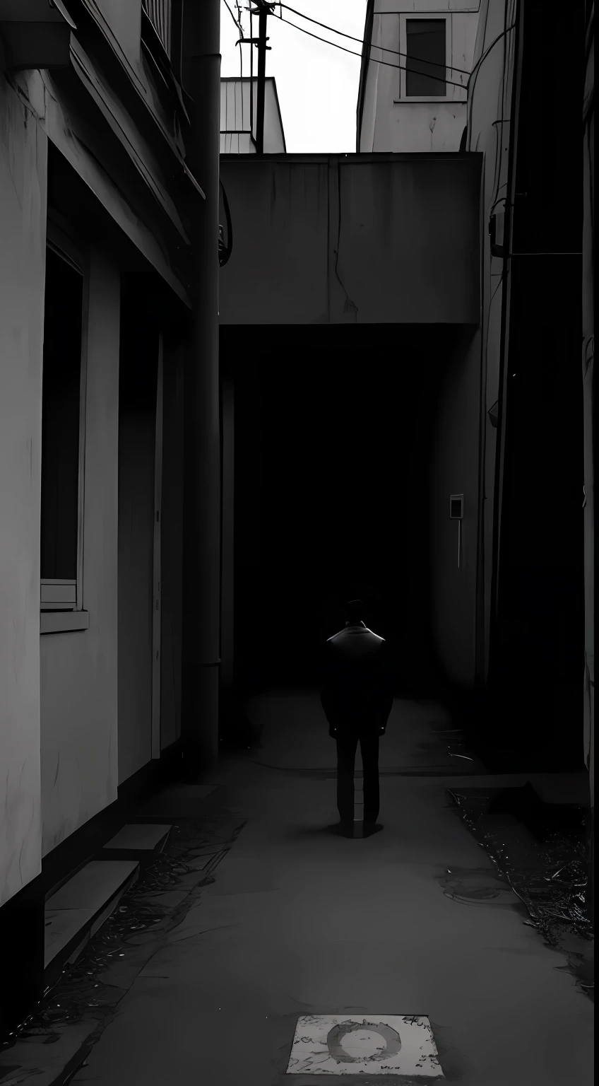a lone man stands in the center of a deserted street in a black and white photography , conveying a sense of melancholy and sadness , realist , high resolution
