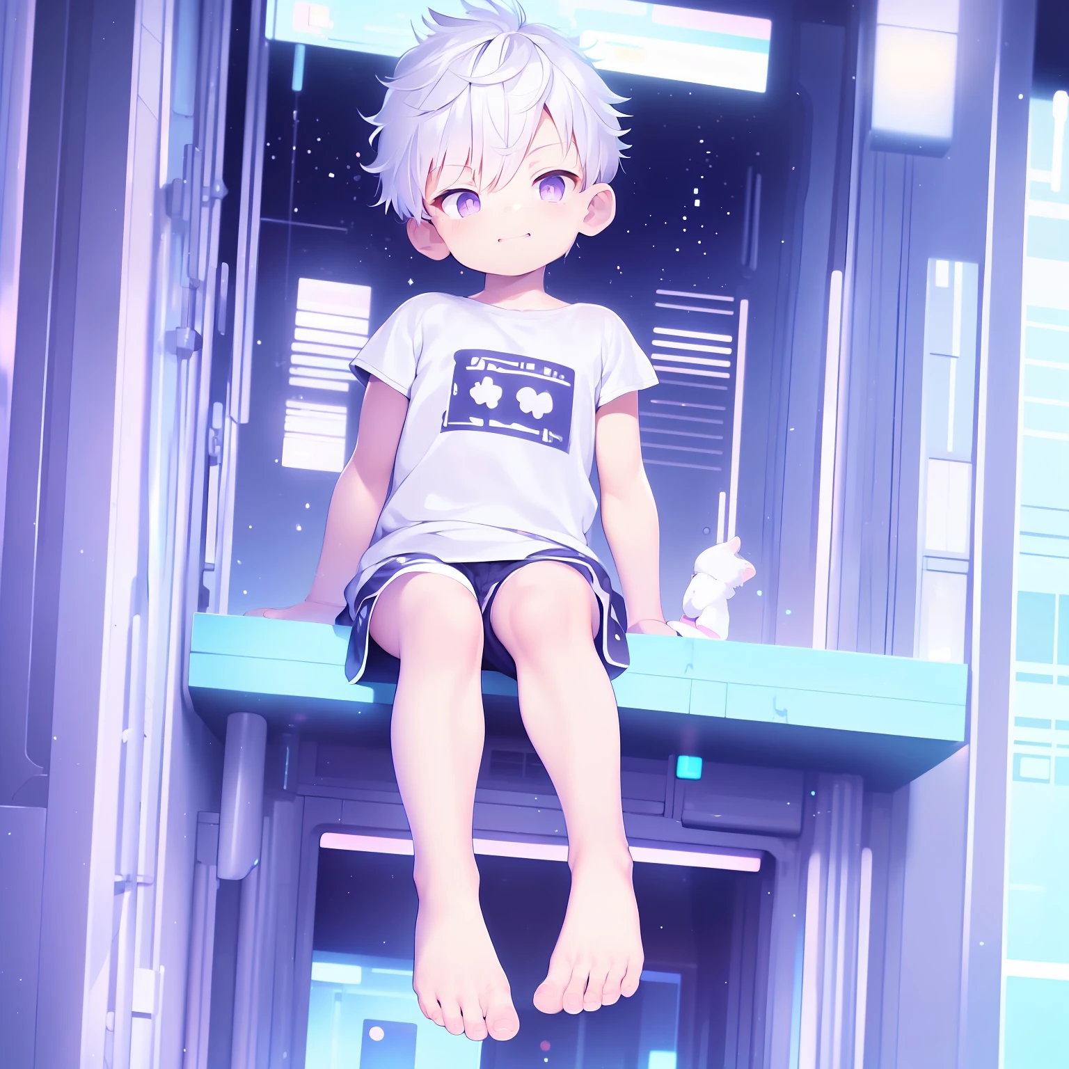 4K), little boy with white hair and purple eyes and barefoot and white Onesie pajama small tiny feet, He sits on a rooftop, soft skin, showing feet, sexy feet pose, Nebel Licht, Impressionismus, 2D, Focused on feet, libido, smirking, White tan, blushing, cute feet