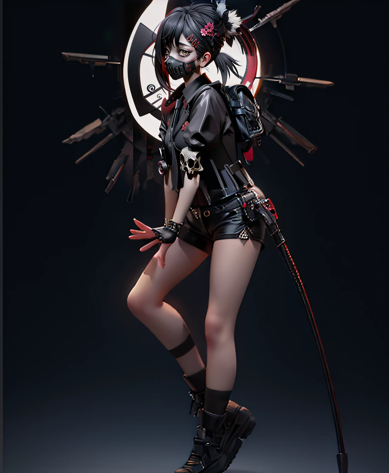 Cyberpunk girl，Stand up straight，Sideways lower body，Fair arms drooping，Hold your right hand with your left hand，Wearing black shorts，Black armor is worn on the legs，Black shoes，Normal human proportions