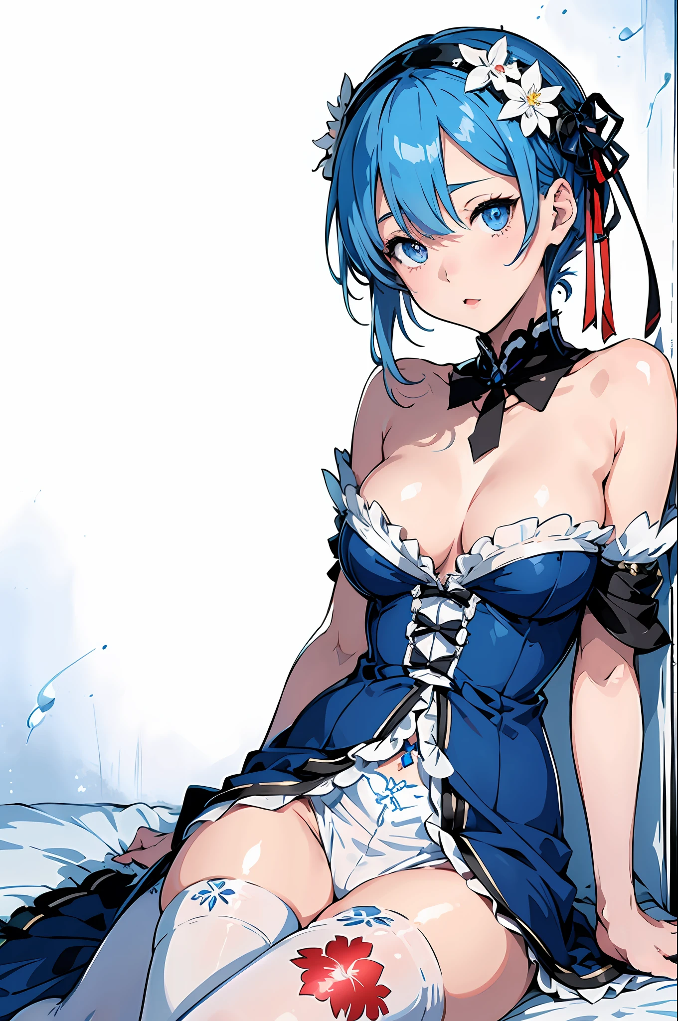 (masterpiece, best quality), beautiful girl, Rem from "Re Zero", blue eyes, short blue hair, lying, (detailed beautiful eyes) medium body shot, white stockings