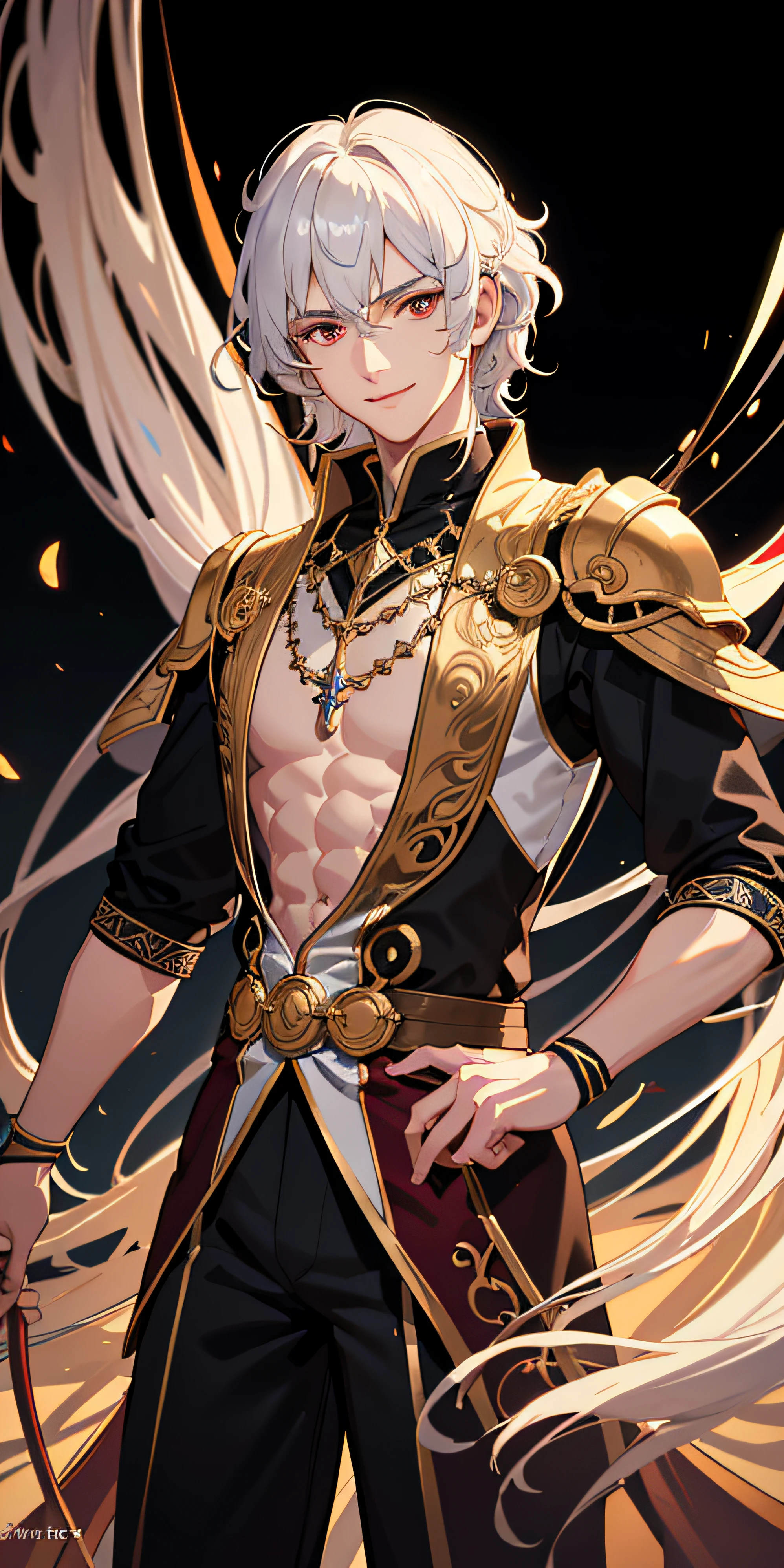 (extremely detailed CG unity 8k wallpaper, masterpiece, best quality),(best illumination, high contrast, and best shadow), a confident and charming, thin and muscular male with a striking appearance, curly white hair, red eyes, and a captivating smile, exuding the confidence of a bard with an inexplicable yet intriguing charm.