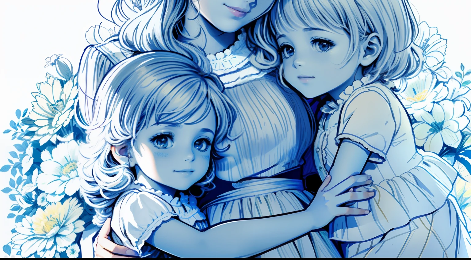 A drawing of a woman hugging two children in a garden, Highly detailed sketch, bela arte de linha, arte de linha detalhada, Highly detailed illustration, mami, maternal, fanart detalhado, desenhos para colorir, retrato de arte de linha, Lineart Behance HD |, Manga Illustration, sketch art, Desenho de Desenho para colorir, arte detalhada bonito, detailed outline, black and white sketch, arte de linha