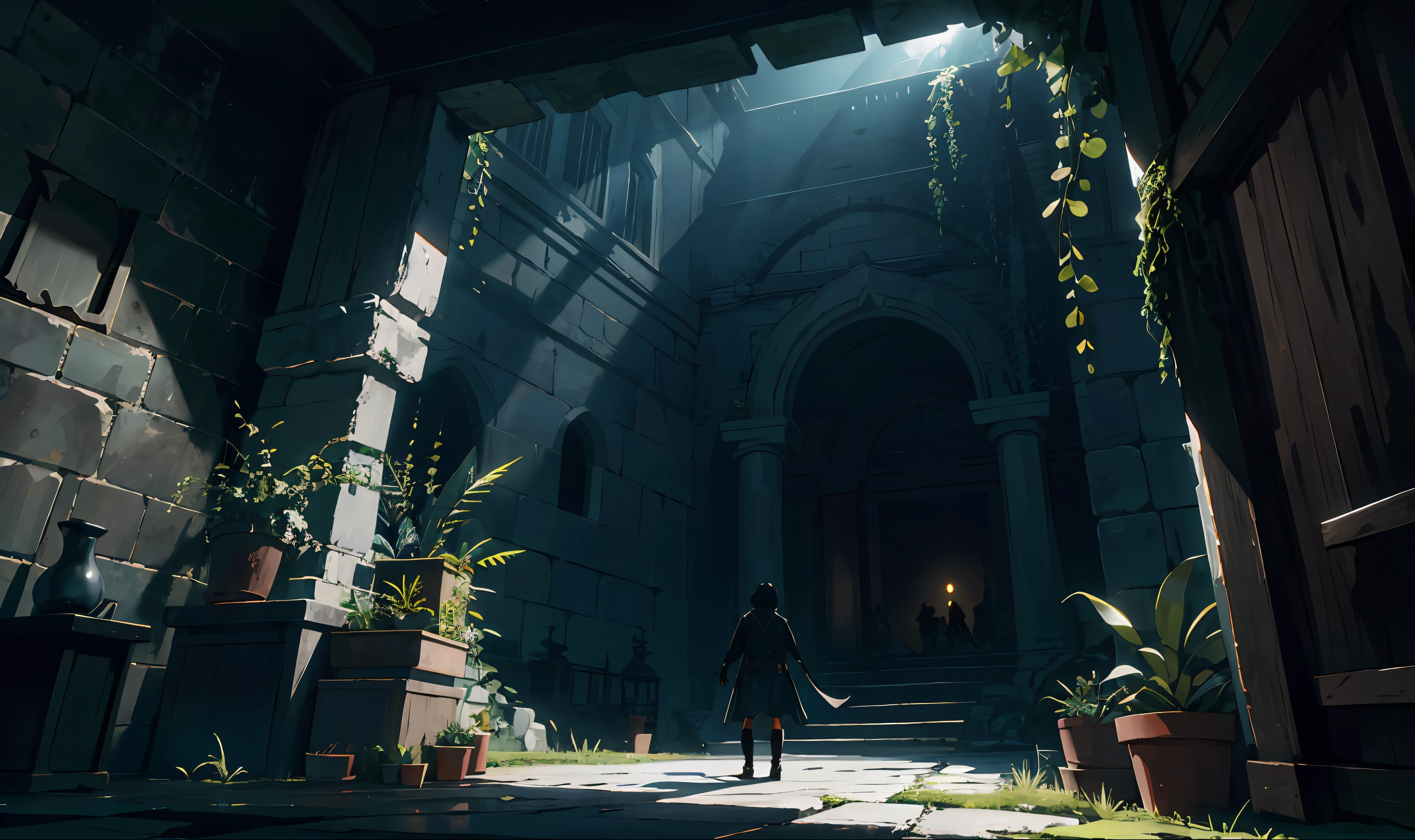 fentezi, darkly, the night, it is frightful, A lot of plants, dim lights, (photo-realistic:1.4), A lot of black, Very dark, Obscurity, terror, ultradetailed, Octane rendering, постпродакшн 8k, iridescent colors, Ruins, bloods, background, Background, Without a person, Background only, dungeon, NOhumans, The camera is a little on top, Adventurers, view from bottom