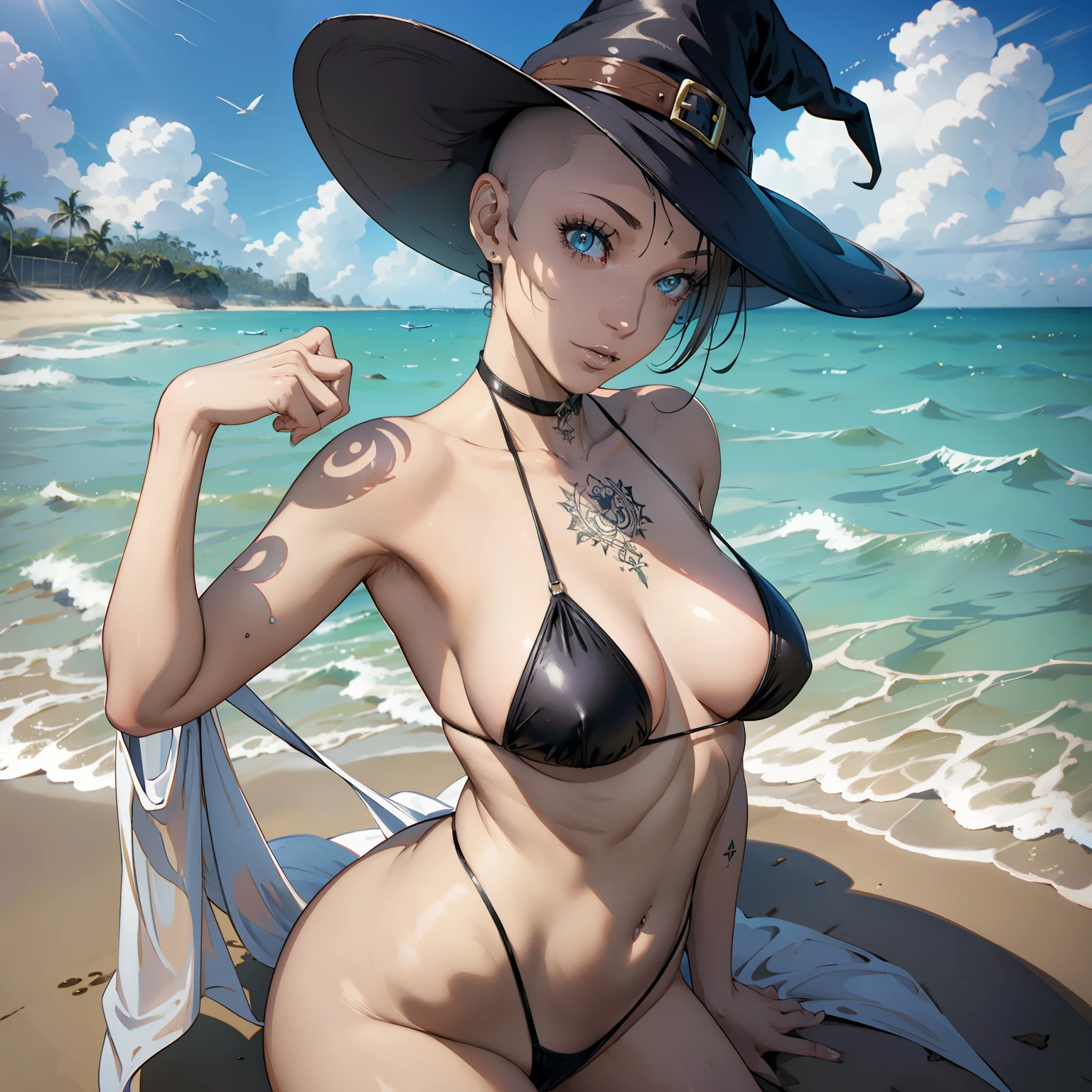 mulher careca, pale skinned, witch hat, corpo tatuado, tatuagem de aranhas, with bikini, fumar maconha, rosto sensual, sbikini, em uma praia, 4k , best resolution