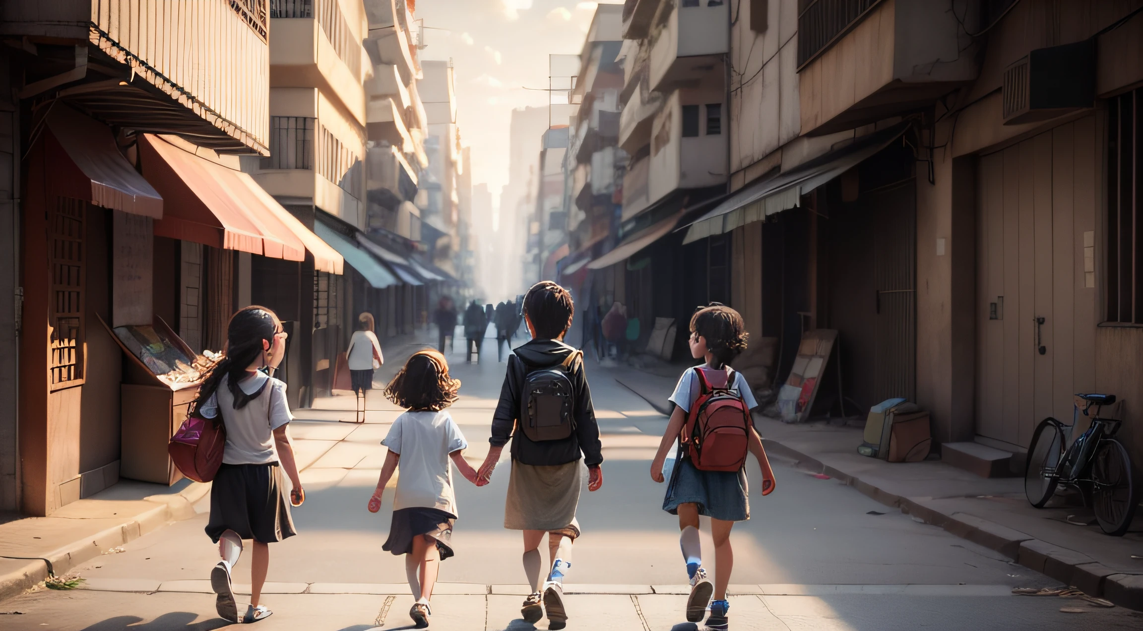4 children walking, urban city, street, slum, hyper realistic, well detailed, natural image, photo studio, Highly Detailed Face and Skin Texture, Best Quality, 8K, Highly Detailed