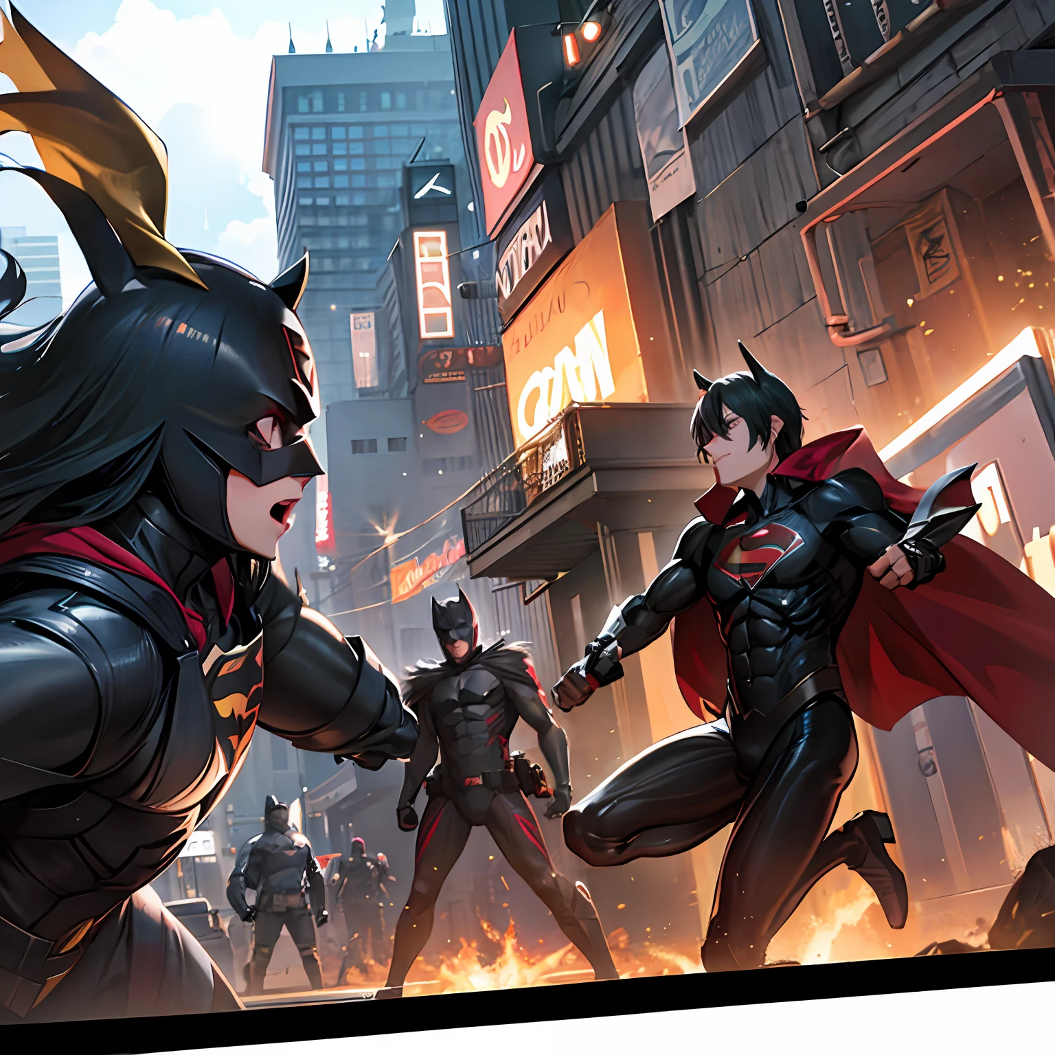 Batman vs Superman, lua e cidade noturna ao fundo - qualidade 8k. --auto