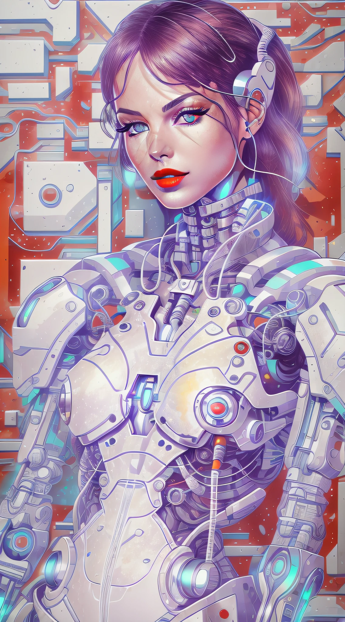 Araffed Cyborg with super detailed pieces of white plastic in very high resolution with red lipstick and light blue eyes