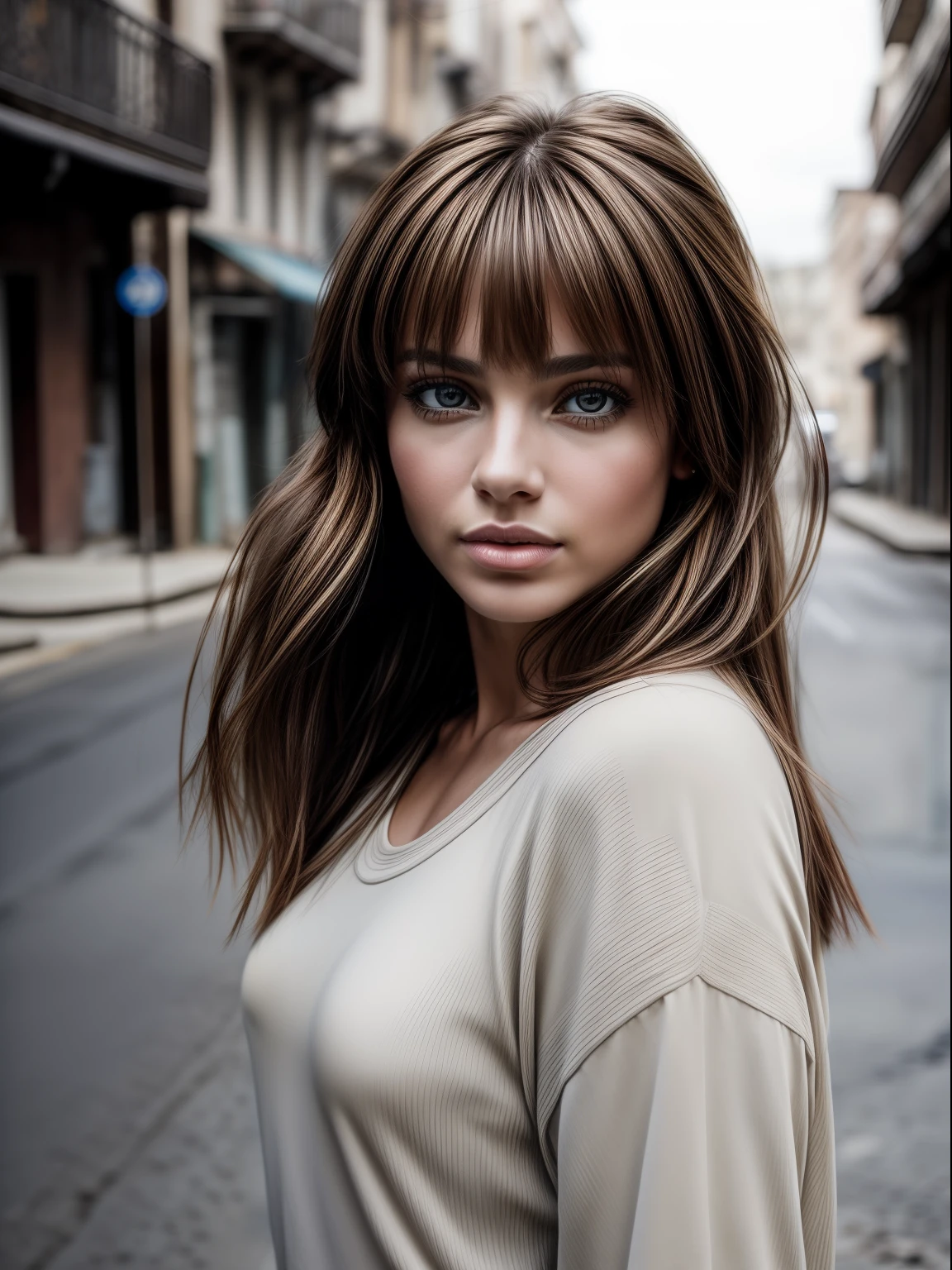 (masterpiece), realistic, (portrait of a woman), beautiful face, sunlight, cinematic light, bangs, a beautiful woman, beautiful eyes, messy windy light brown hair, perfect anatomy, insanely cute, princess eyes , beautiful woman standing next to a Jeep Wrangler with a big city alley as the background