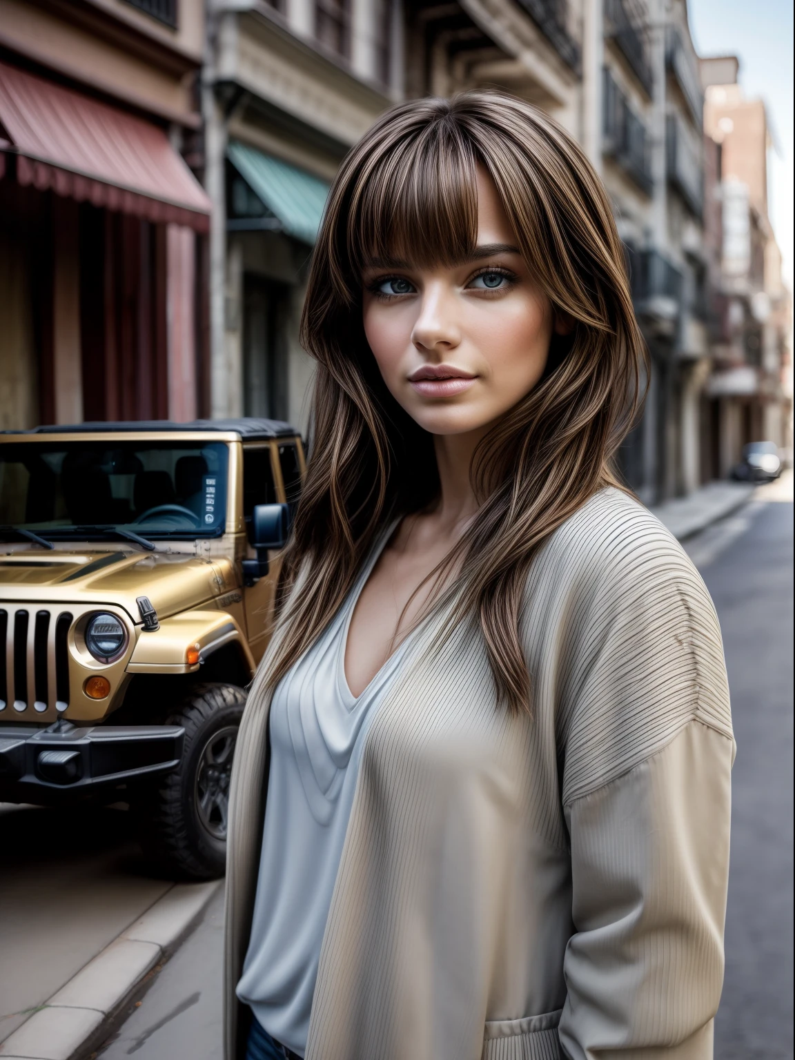 (masterpiece), realistic, (portrait of a woman), beautiful face, sunlight, cinematic light, bangs, a beautiful woman, beautiful eyes, messy windy light brown hair, perfect anatomy, insanely cute, princess eyes , beautiful woman standing next to a Jeep Wrangler with a big city alley as the background