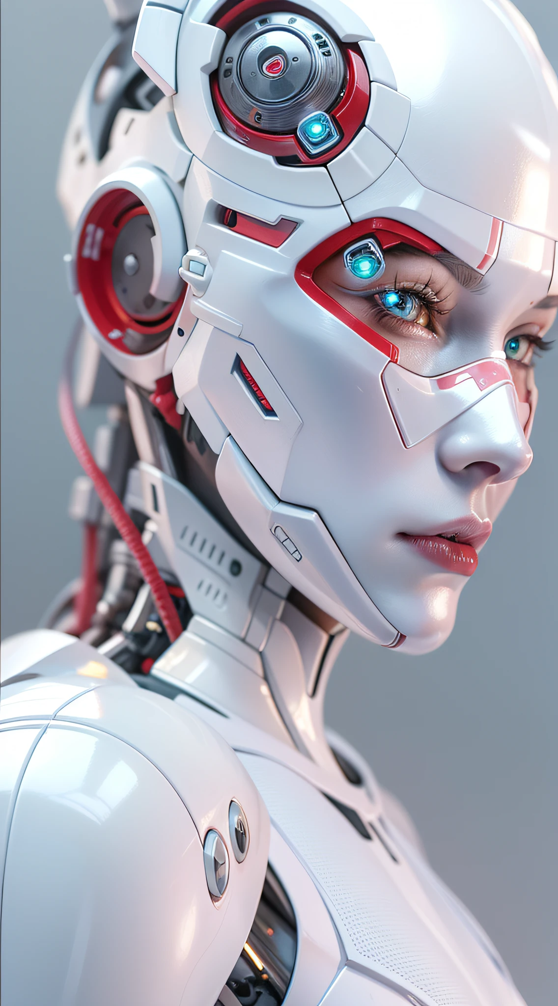 Araffed Cyborg with high-resolution white plastic details, batom vermelho e olhos azuis claros.