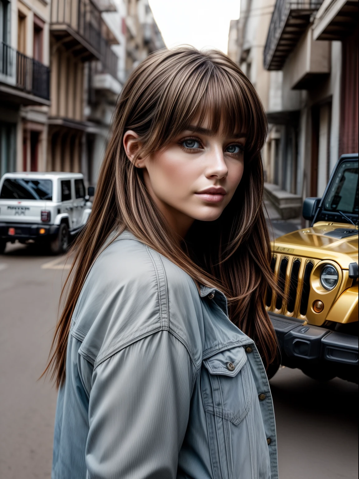 (masterpiece), realistic, (portrait of a woman), beautiful face, sunlight, cinematic light, bangs, a beautiful woman, beautiful eyes, messy windy light brown hair, perfect anatomy, insanely cute, princess eyes , beautiful woman standing next to a Jeep Wrangler with a big city alley as the background