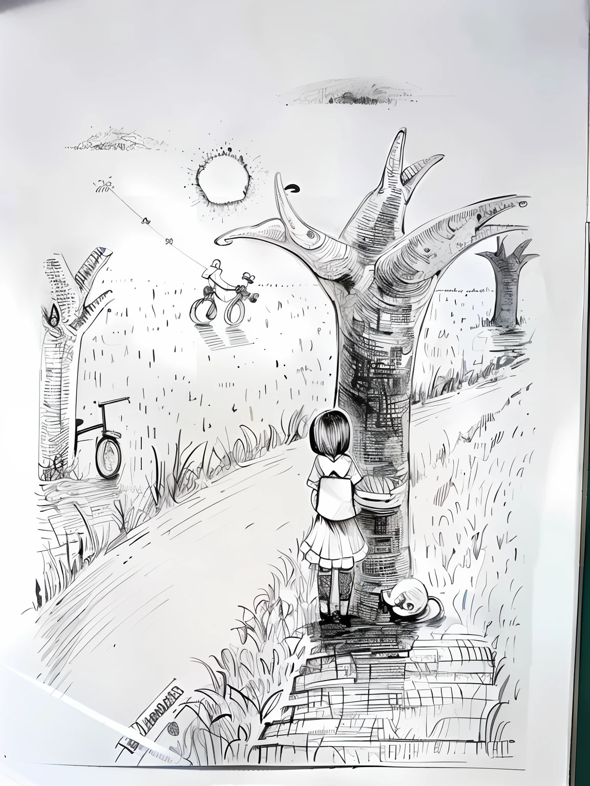 Draw a girl standing under a tree riding a bicycle, children's book drawing, sketch of a lucid dream, based on child's drawing, monochrome drawing, pen and ink illustration, Children\'s book drawing, Inspired by Junji Ito, surrealism painting, kids drawing, kids fantasy drawing, inspired by Jessie Newbery, a 's drawing, ink and watercolor painting