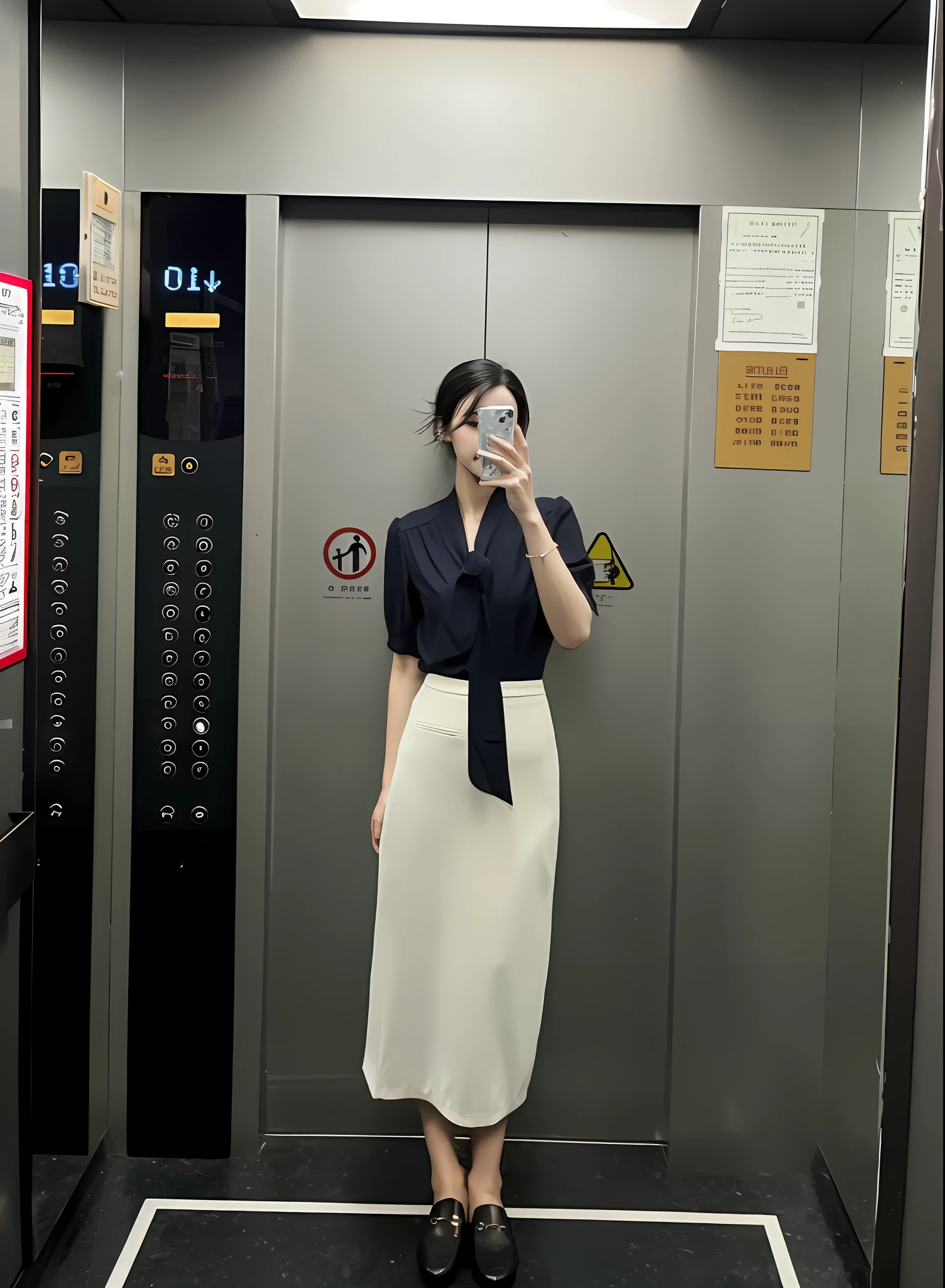 Woman taking a selfie in an elevator with her phone, office clothes, Coveralls, tiedshirt, outfit photograph, in an elevator, business outfit, Business clothes, whie tcolor, inspo, year 2 8 6 6, year 2447, wearing shirt, Summer evening, wearing white skirt, 19xx, taken in 2 0 2 0