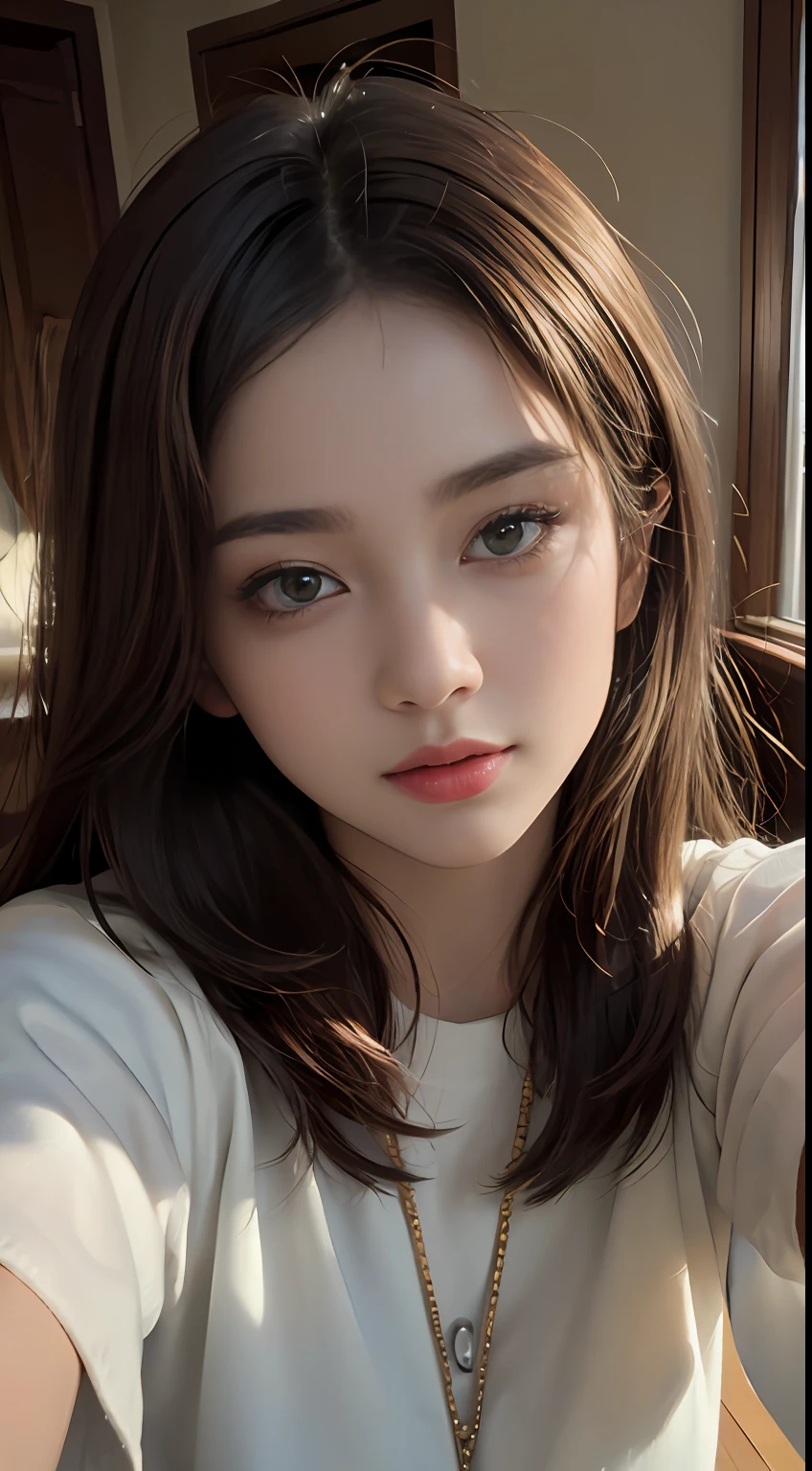 Best Quality, Masterpiece, Super High Resolution, (Realism: 1.4), Original Photo, (Real Skin Texture: 1.3), (Film Grain: 1.3), (Selfie Angle), 1 Girl, Beautiful Eyes and Face Details, Masterpiece, Best Quality, Close-up, Upper Body Highest Quality Picture Quality Full