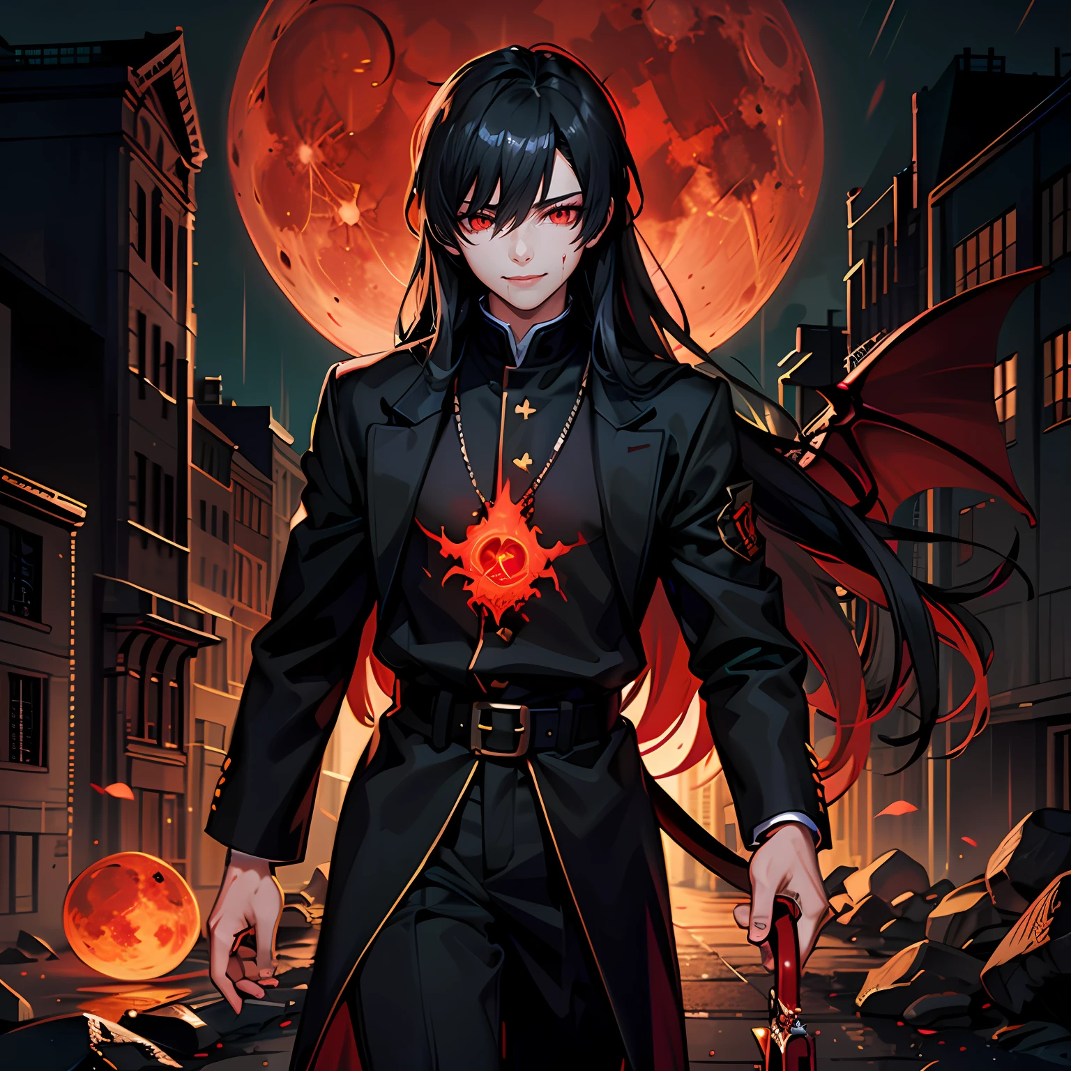 (absurd, highres, ultra-detailed),((human)),((((male )))), finely detailed eyes, ((black hair)), complex pattern, detailed face, magic effect, best proportion four fingers and one thumb, blood, red aura, smile, closed mouth, ((glowing red eyes)), torn clothes, cassock, demon tail, walking in a city, bloody hands, crying blood, macabre, gothic, ((long hair)), heavy rain, night, dark, blood moon, only 1 people