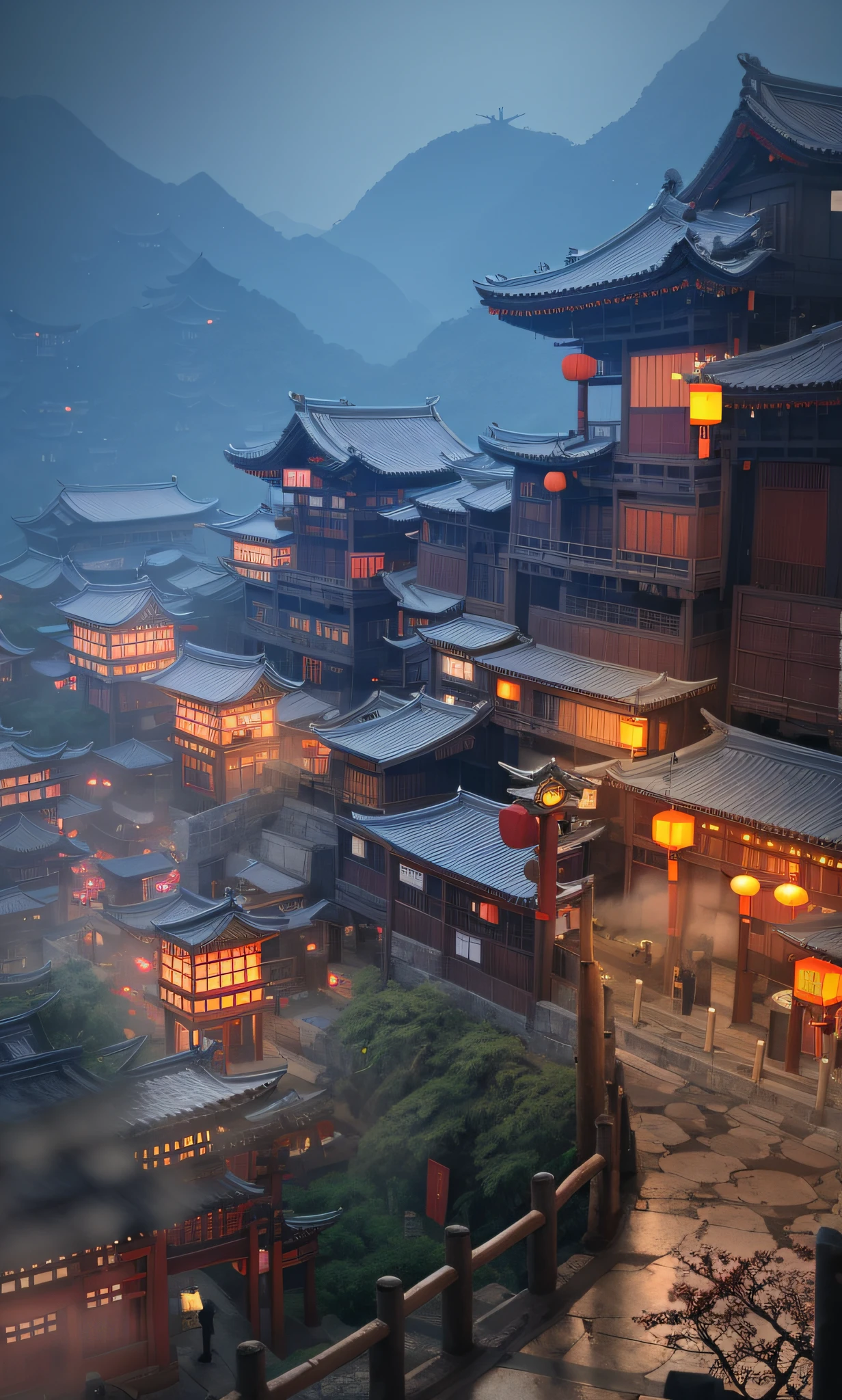 arafed view of a city with a lot of buildings and lights, dreamy chinese town, cyberpunk chinese ancient castle, ancient chinese architecture, japanese city, japanese town, japanese city at night, ancient japanese architecture, chinese architecture, beautiful render of tang dynasty, chinese village, andreas rocha style, like jiufen, japanese village, cyberpunk japanese temple