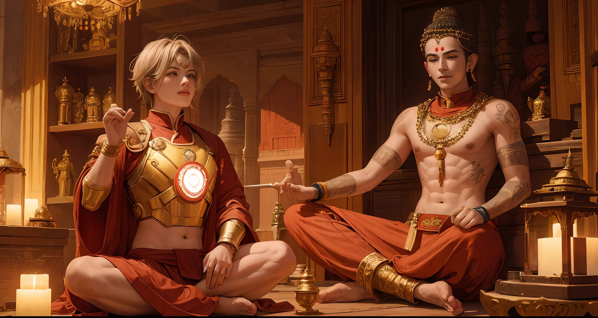 Buddha in an Iron Man mask meditating in a Hindu temple next to a young tantric priestess with loincloth tattoos and percings --auto