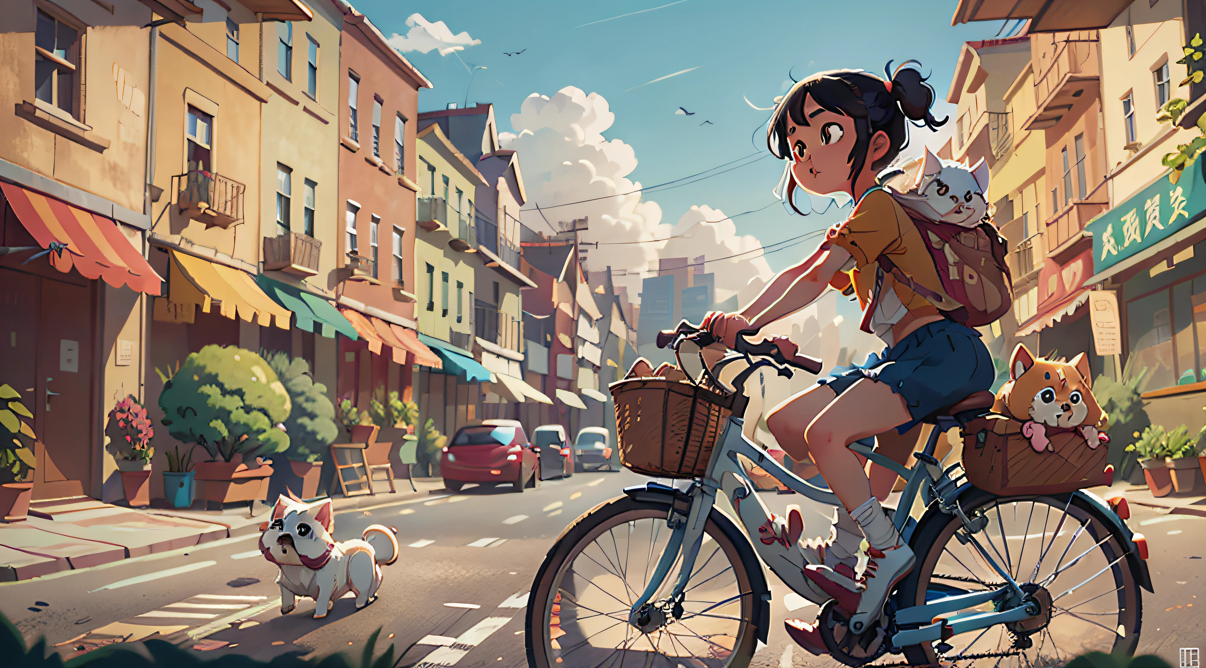 A Chinese girl rides a bicycle, There was a small white dog in the car, the city street, with blue sky and white clouds, summer, cool, in style of hayao miyazaki, black hair, 3D, anime, Ghibli-like colours, anime style, cinematic lighting, three sided view, panorama, Pixar, UHD, anatomically correct, super detail