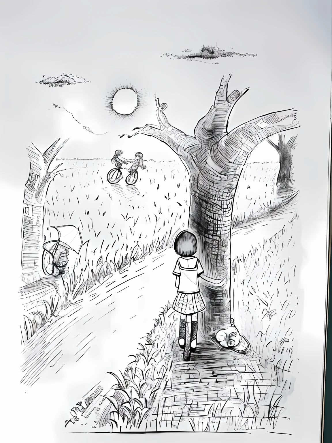 Draw a girl standing under a tree riding a bicycle, children's book drawing, sketch of a lucid dream, based on child's drawing, monochrome drawing, pen and ink illustration, Children\'s book drawing, Inspired by Junji Ito, surrealism painting, kids drawing, kids fantasy drawing, inspired by Jessie Newbery, a 's drawing, ink and watercolor painting