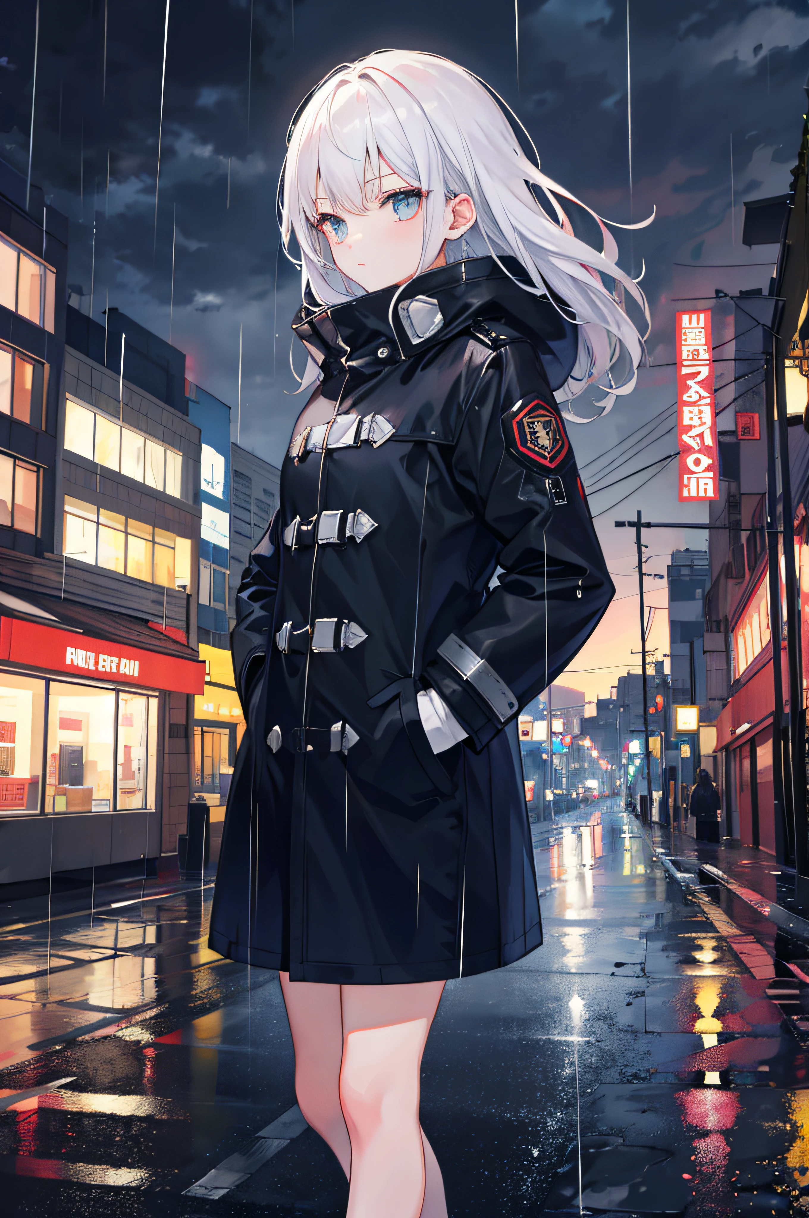 1girl, Night City, rain, coat, hands in pockets