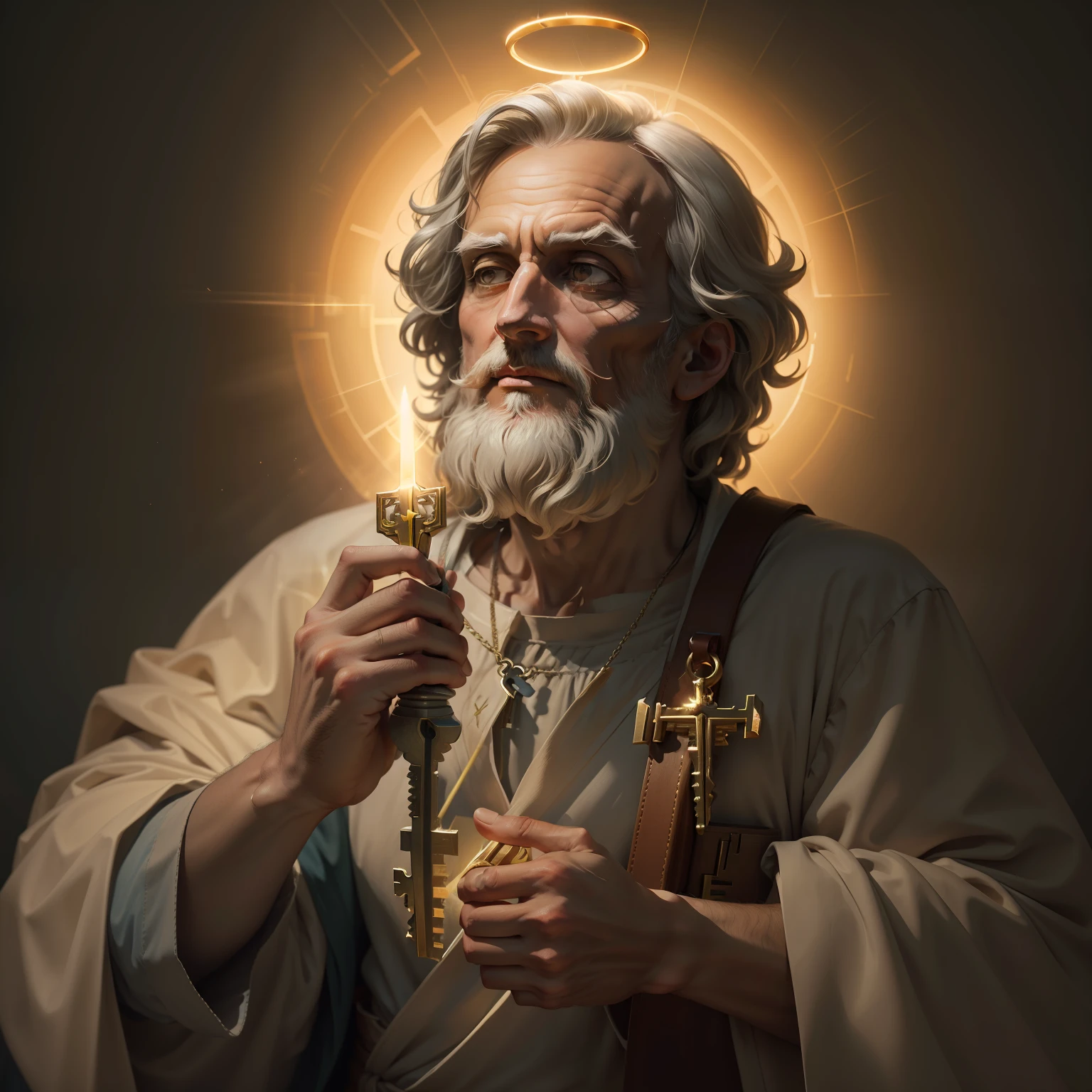 Create an art of St. Peter holding a key, and with a halo of light around his head. Image resolution in 4k