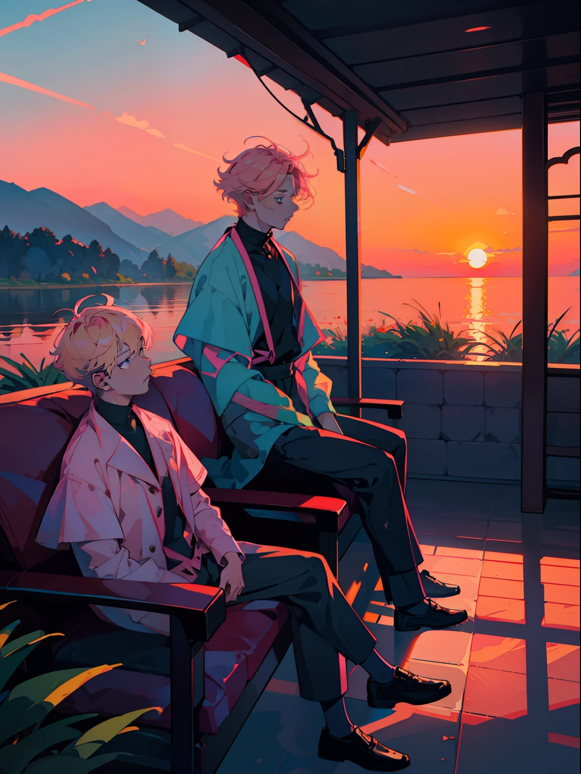 Two boys sitting together watching the sunrise,shoun,Two teenagers,On the left is the blond boy,Short hair,side parted hair,On the right is the pink-haired boy,voluminous and messy hair,Sunny lovely,Handsome,Lovers,𝓡𝓸𝓶𝓪𝓷𝓽𝓲𝓬,sunraise