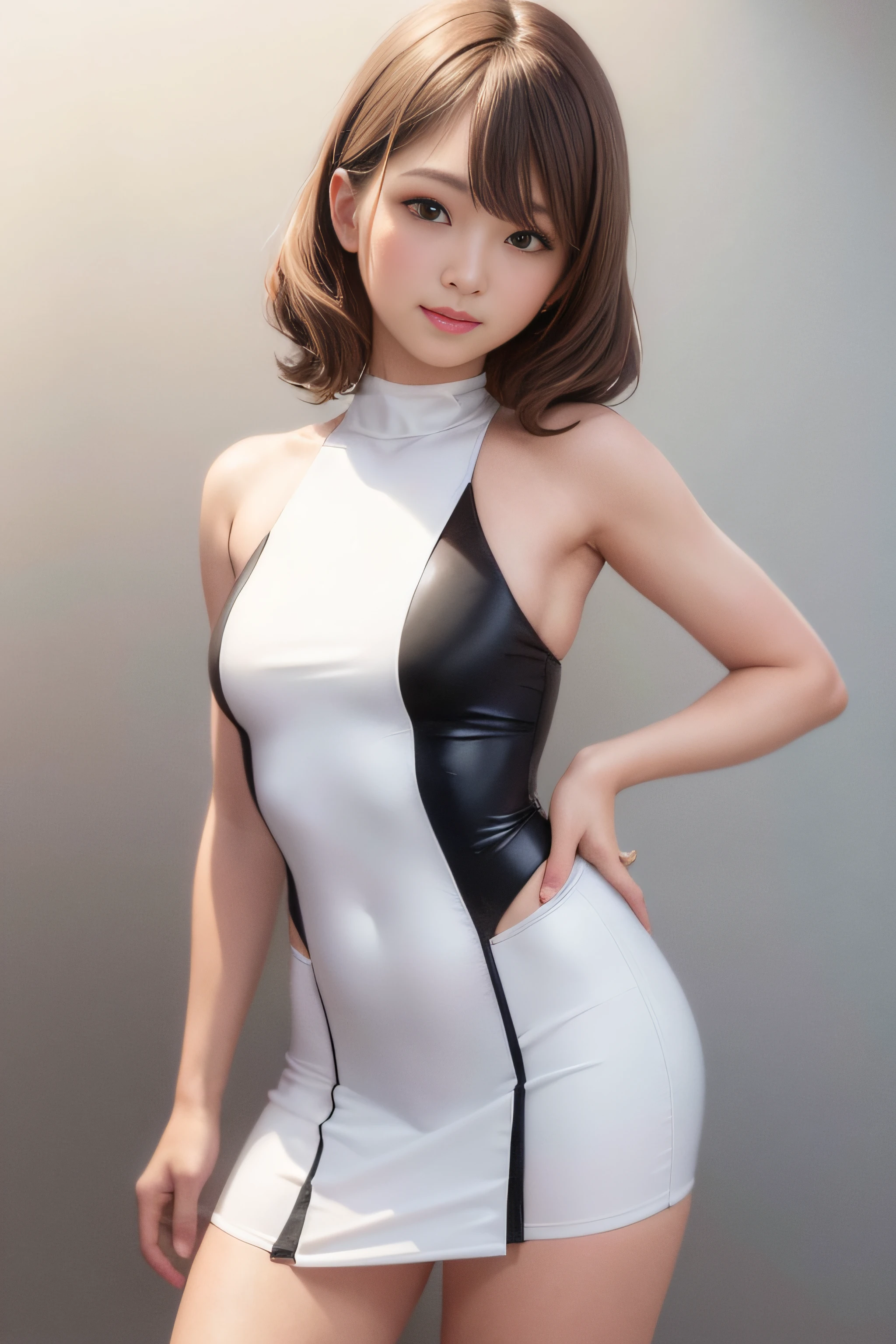((Full body portrait))、((Wearing white boots: 1.2))、((A smile))、((middlebreasts、the head is very small、))、(Eyes are far apart)、(the perfect body : 1.1)、((short wavy hair : 1.2))、((Wearing a racing suit)), ((a miniskirt))、reddish brown hair、masterpiece, ultra fine photos,,top-quality, 超A high resolution, stunningly beautiful,A detailed face,,High Detail Skin, realistic skin detail、foco nítido、Volumetric fog、8K、HD、dslr camera、hightquality、film grains、fair white skin、photorealisim、Lomography