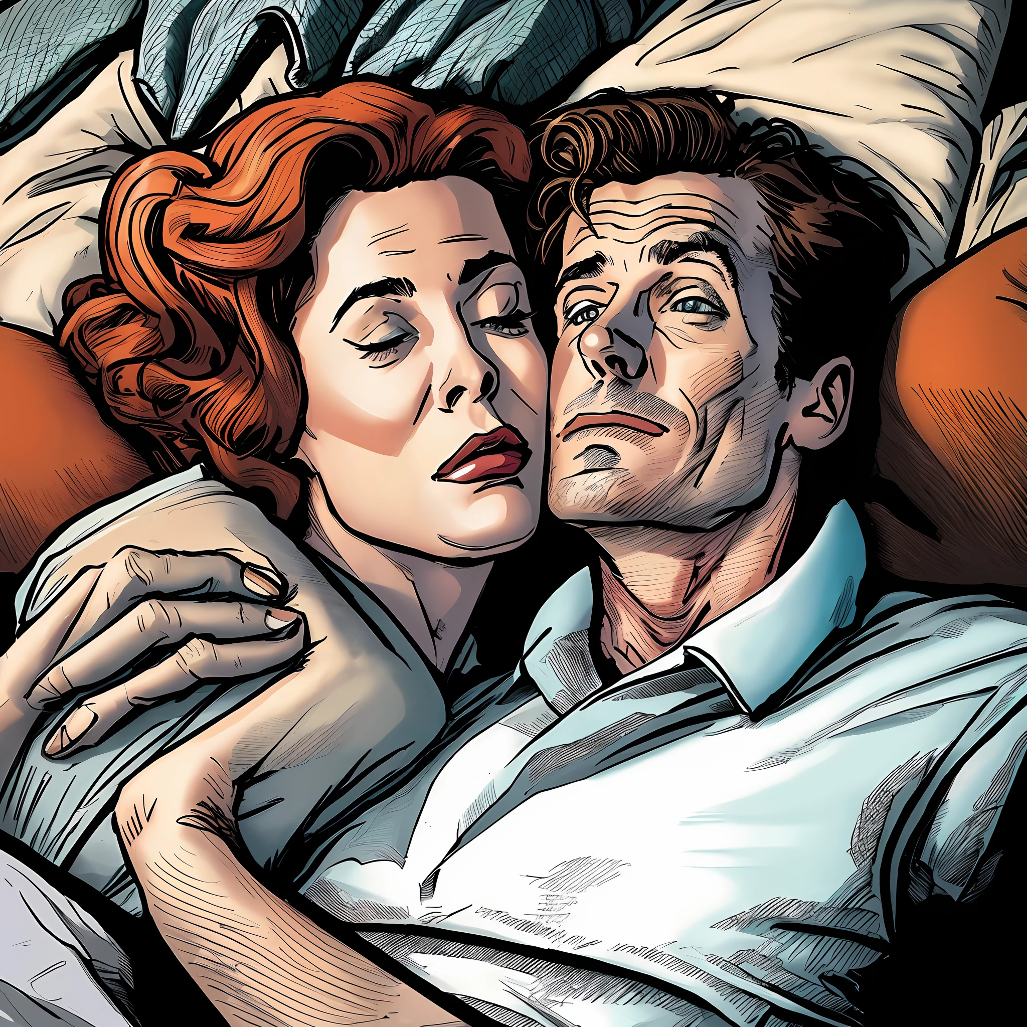 um close up de um homem e uma mulher deitados na cama juntos, ( Arte Fitzpatrick ), Directed by: Jason Edmiston, Directed by: Brian Bolland, fazendo o olhar bateman, The artist is Charles Burns, Programa de TV, inspirado em Tim Doyle, classic-cult-comic-style, matthew perry graphic novel, Directed by: Tim Doyle, Directed by: Mark Brooks, Directed by: Bob Ringwood