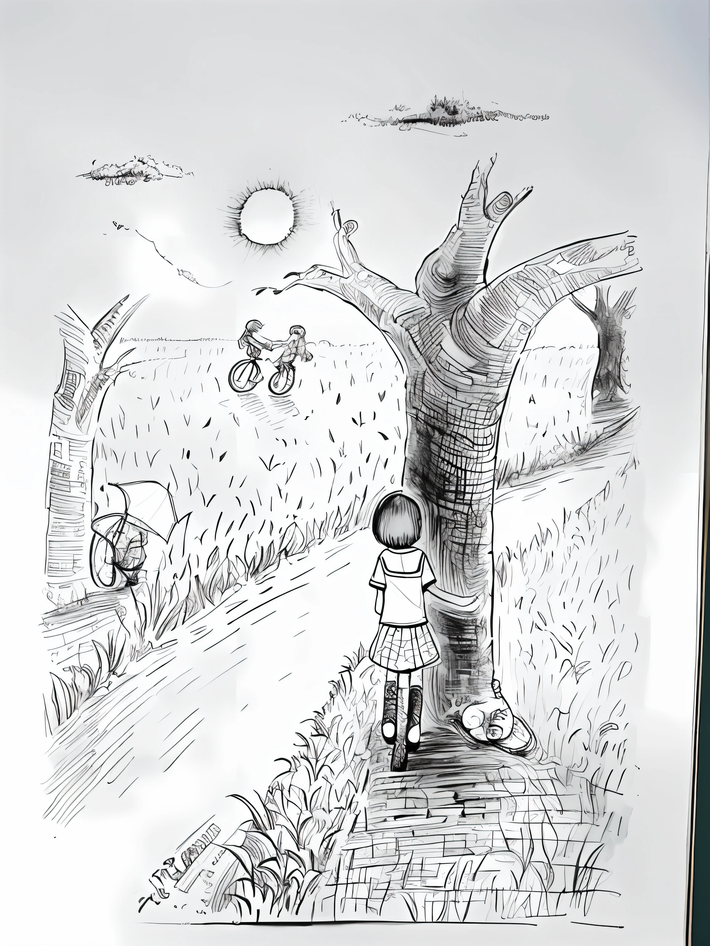 Draw a girl standing under a tree riding a bicycle, children's book drawing, sketch of a lucid dream, based on child's drawing, monochrome drawing, pen and ink illustration, Children\'s book drawing, Inspired by Junji Ito, surrealism painting, kids drawing, kids fantasy drawing, inspired by Jessie Newbery, a child's drawing, ink and watercolor painting