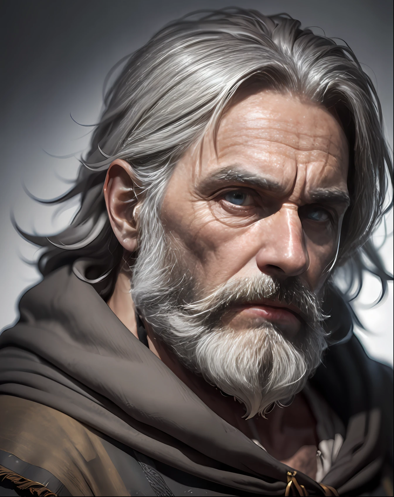 photo, old evil hermit, medieval, piercing_deep-set_eyes, wrinkled face, dark_stichted_cloak, (dramatic lighting:1.25), (shadowy background:1.2), (dirty_ unkempt_gray_hair:1.2), (long_shaggy_beard:1.3), (faded colors:1.1), (sharp focus:1.1), (shadows:1.2), (subtle HDR:1.3), (realistic skin texture:1.25), (detailed hair:1.2), (gritty texture:1.1), (cinematic look:1.2), (powerful pose:1.3), (blush:0.5), (goosebumps:0.5), subsurface scattering, detailed_grey_eyes