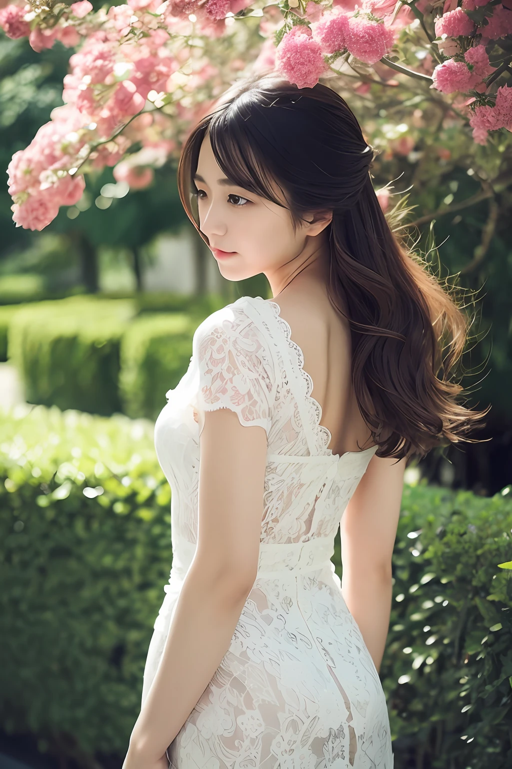 a photography of a beautiful woman, japanes、posterior view、lace dresses、The background is a flower garden