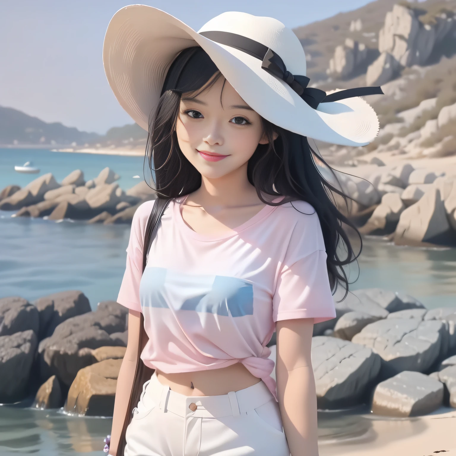 girl with black long hair,sea beach,Blue water,Wear a white hat,Wear a pink shirt,short white pants,36D,ssmile,high-quality picture