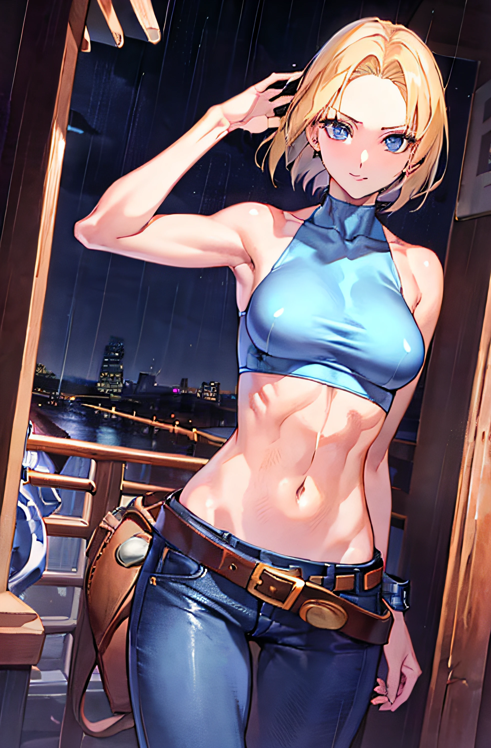 maryms, Best Quality,(beauty), 1girl,phisically-based render ,ultra highres,(cowboy shot:1.5),narrow waist, skinny, LeonaMS ,muscular, big blue eyes,long legs,jeans,leather belt,small breasts,puffy eyes, leather belt,(rainy city), shiny skin, facing viewer, Victory posture,