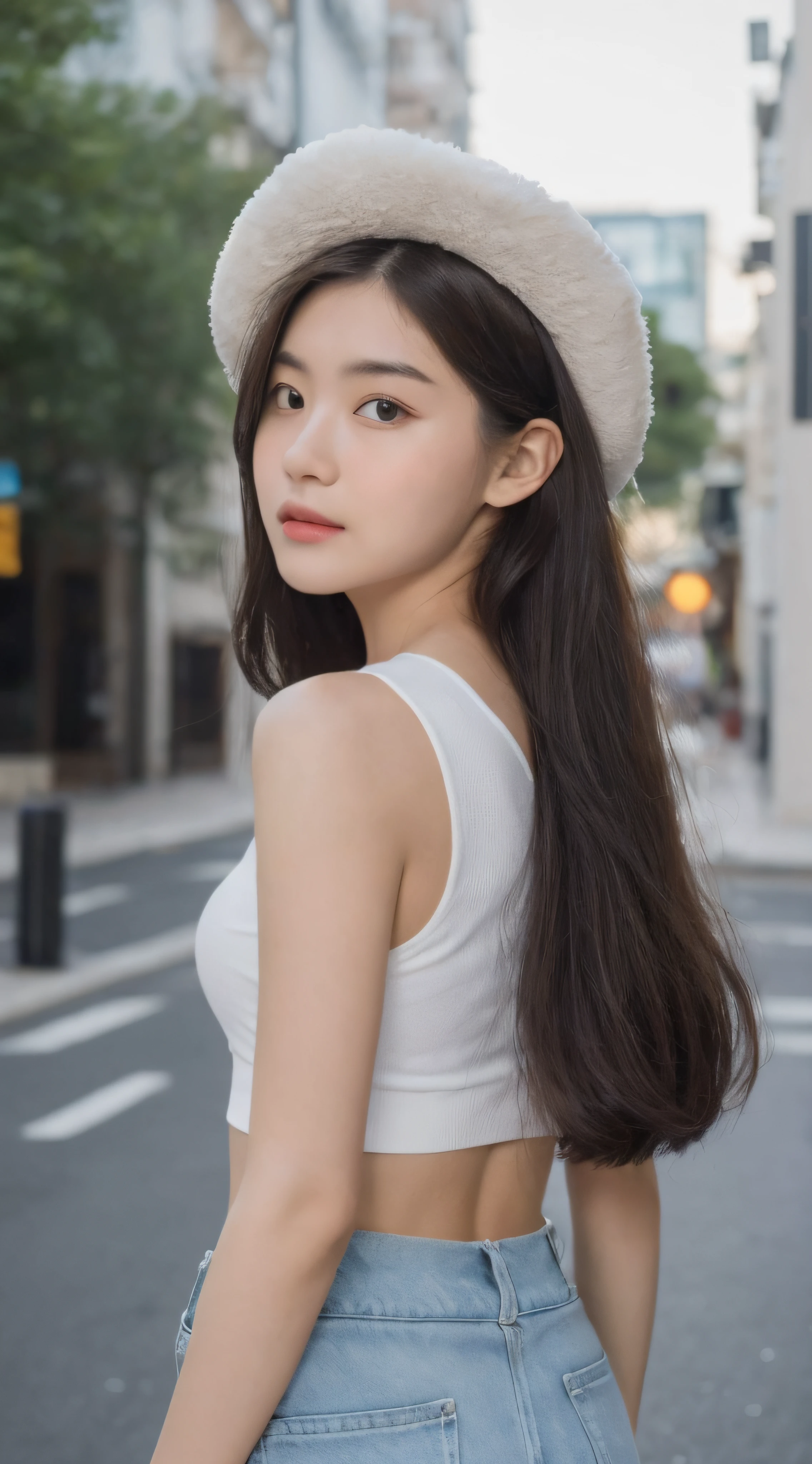 ((Best Quality, 8K, Masterpiece: 1.3)), (Flower Cap: 1.3), Focus: 1.2, Perfect Body Beauty: 1.4, Buttocks: 1.2, (Layered Haircut: 1.2)), (Dark Street: 1.3), Highly Detailed Face and Skin Texture, Full Body, Delicate Eyes, Double Eyelids, Whitened Skin, Long Hair, (Round Face: 1.5), (Loose Crop Top, Shorts: 1.6)