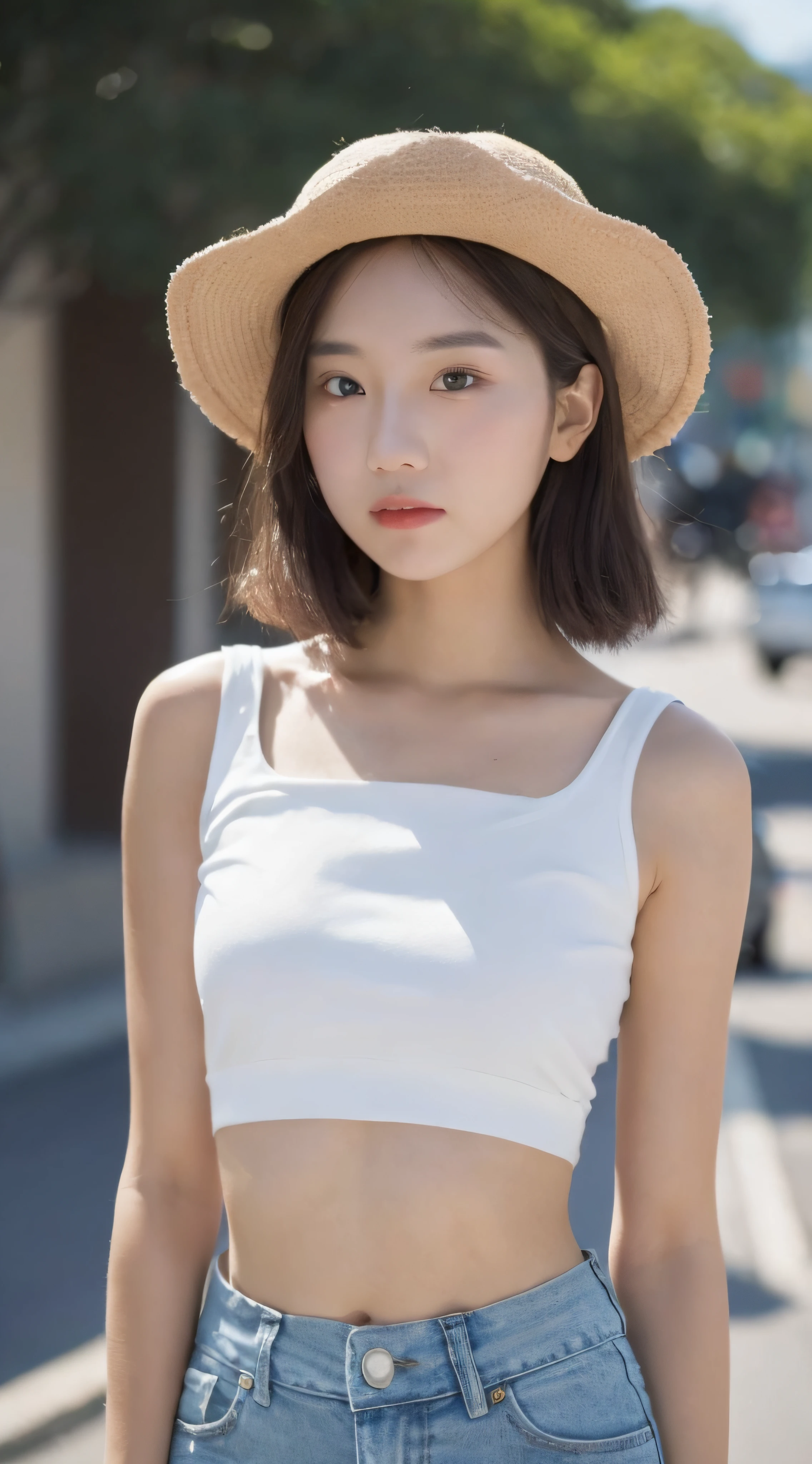((Best Quality, 8K, Masterpiece: 1.3)), (Flower Cap: 1.3), Focus: 1.2, Perfect Body Beauty: 1.4, Buttocks: 1.2, (Layered Haircut: 1.2)), (Dark Street: 1.3), Highly Detailed Face and Skin Texture, Full Body, Delicate Eyes, Double Eyelids, Whitened Skin, Long Hair, (Round Face: 1.5), (Loose Crop Top, Shorts: 1.6)
