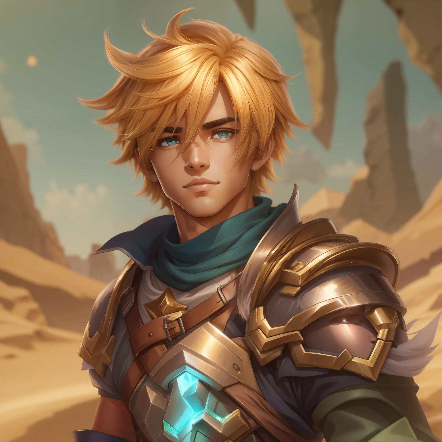 1Menino Ezreal, Liga das Lendas, desfiladeiro, em Shurima, fundo do deserto, com manopla, power, High definition, (arte por ke xue), High definition, alta textura, alta qualidade