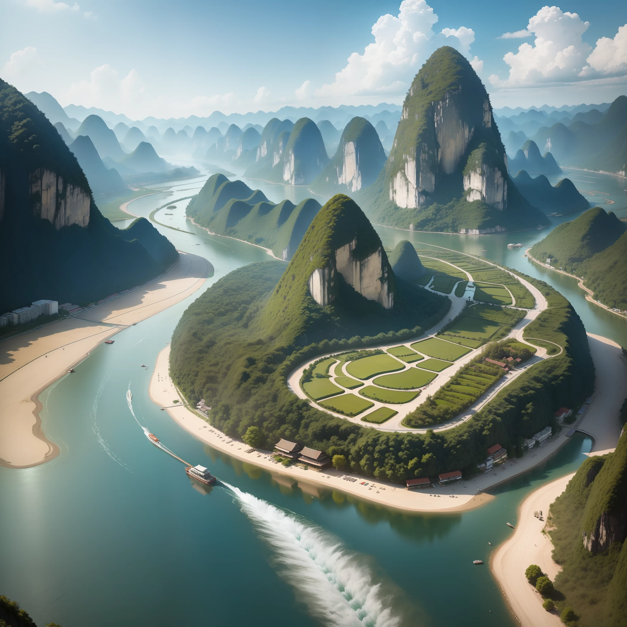 The landscape of the Li River in Guilin appears on the scroll