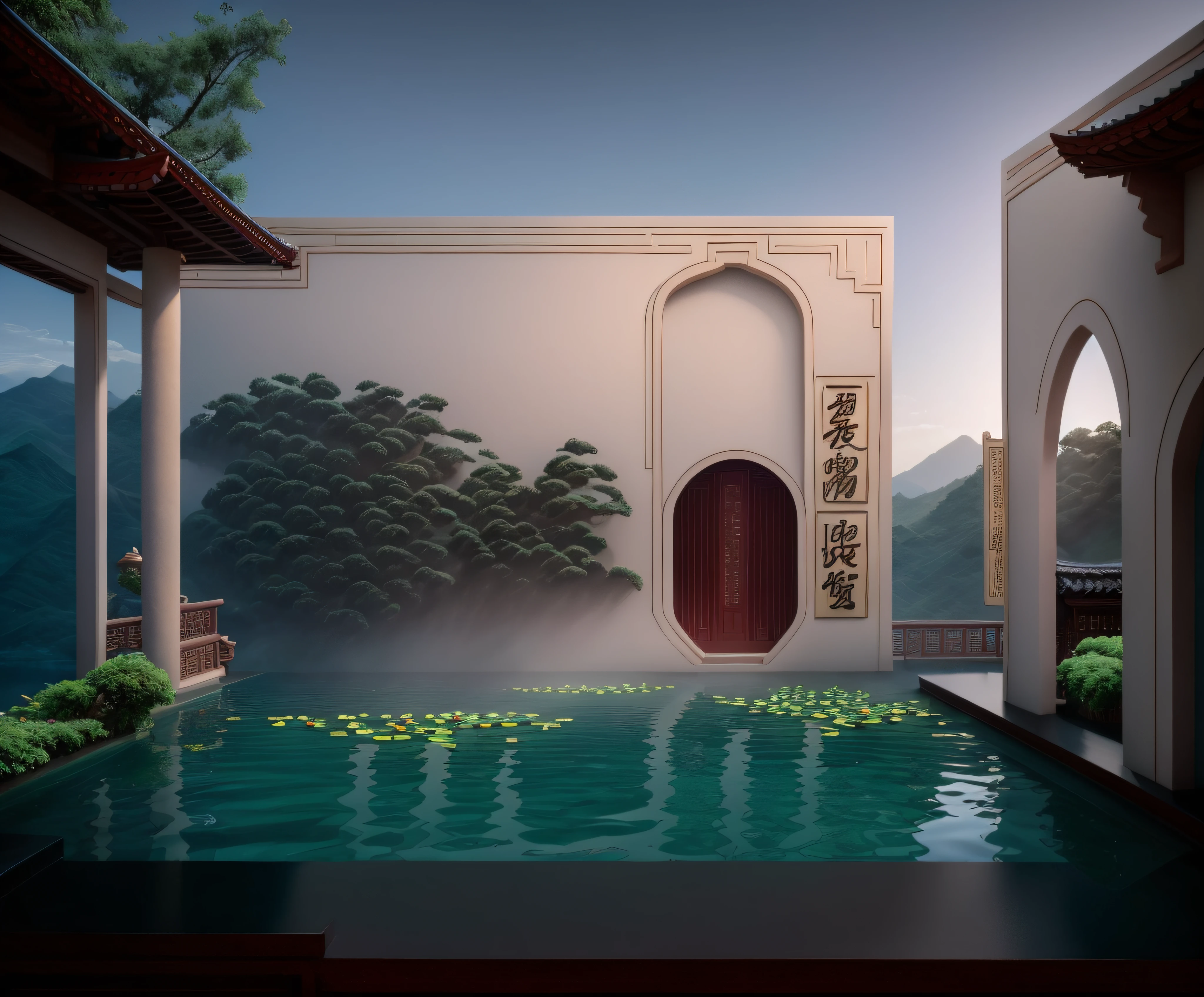 real rendering，，（((Outdoors during the day:1.5)))，Not a night view，Best quality at best，highly  detailed，tmasterpiece，ultra - detailed，Extremely detailed CG unifies 8K, 8K, Diamond, Chinese wall，tmasterpiece，best qualityer，Chinese martial arts style，There are water lilies，There are lanterns，Under the water，Lake surface，lotuses，The beautiful，（((Chinese martial arts style))), The sky is vast, Even the mountain cliffs, Bright ink style, Contour light, Atmospheric atmosphere, , bamboos, pines, Octagonal stone pavilion, Flying waterfalls, CG， The world of martial arts， Chinese style buildings， Eau， in a panoramic view，  8K， tmasterpiece， best qualtiy， high qulity， high detal， super detailing， A high resolution， hyper HD，Complete and unified