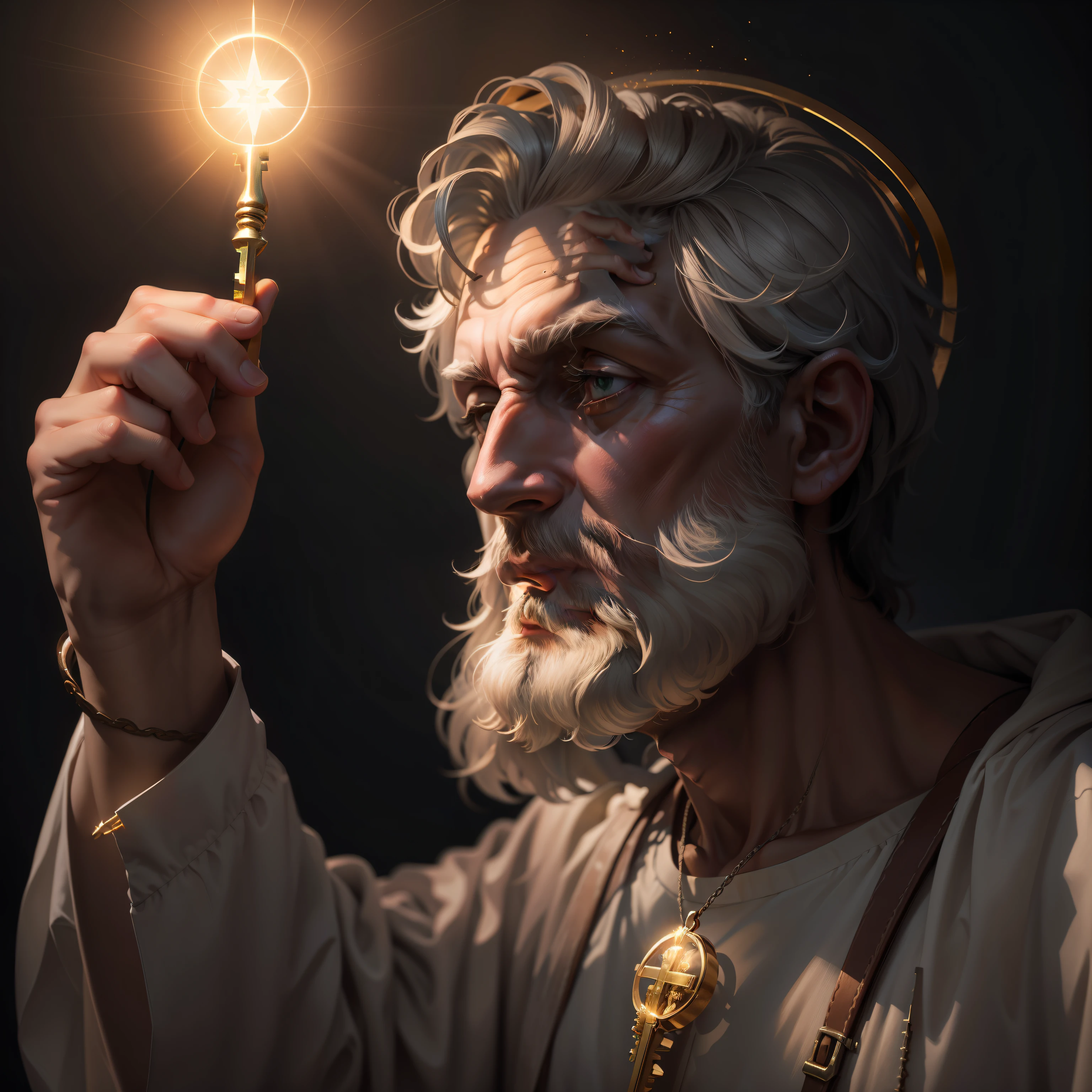 Create an art of St. Peter holding a key, and with a halo of light around his head. Image resolution in 4k