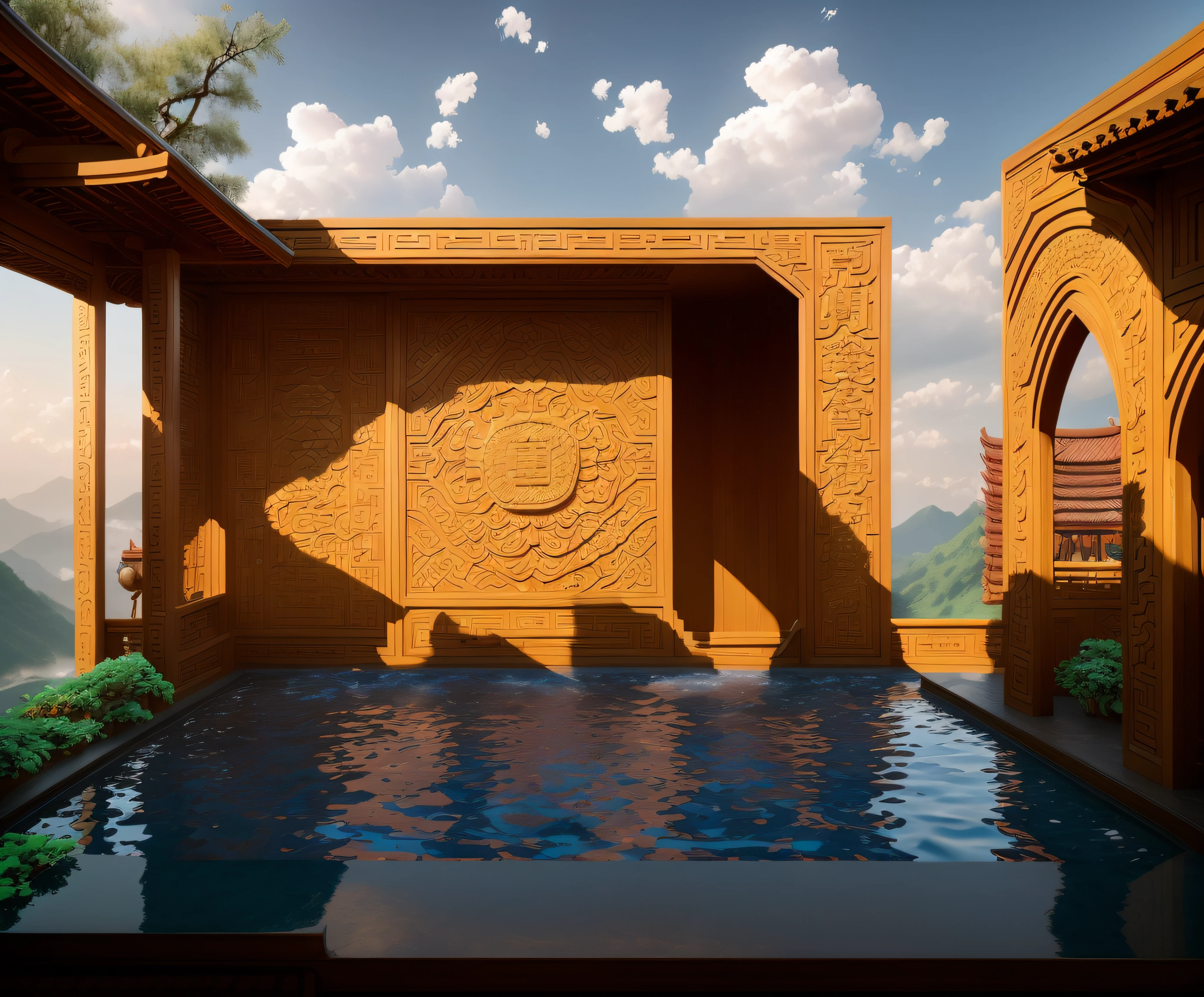 real rendering,,(((Outdoors during the day:1.5))),Not a night view,Best quality at best,highly detailed,tmasterpiece,ultra - detailed,Extremely detailed CG unifies 8K, 8K, Diamond, Chinese wall,tmasterpiece,best qualityer,Chinese martial arts style,There are water lilies,There are lanterns,Under the water,Lake surface,lotuses,The beautiful,(((Chinese martial arts style))), The sky is vast, Even the mountain cliffs, Bright ink style, Contour light, Atmospheric atmosphere, , bamboos, pines, Octagonal stone pavilion, Flying waterfalls, CG, The world of martial arts, Chinese style buildings, Eau, in a panoramic view, 8K, tmasterpiece, best qualtiy, high qulity, high detal, super detailing, A high resolution, hyper HD,Complete and unified