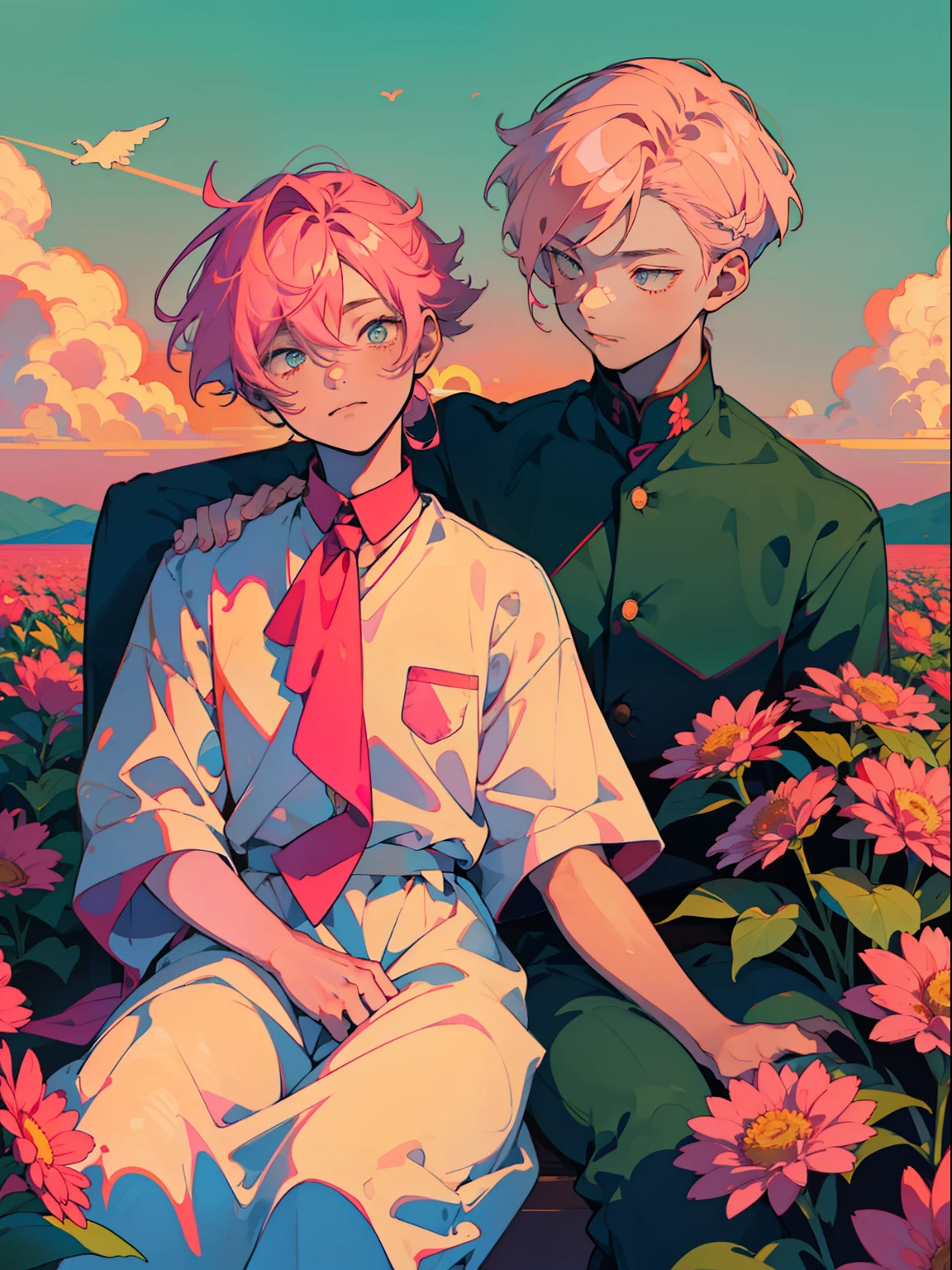 Two boys sitting together watching the sunrise，shoun，Two teenagers，On the left is the blonde boy，Short hair，side parted hair，Handsome，On the right is a boy with pink hair，voluminous and messy hair，Sunny lovely，Handsome，Lovers，𝓡𝓸𝓶𝓪𝓷𝓽𝓲𝓬，sunraise，Sit in a pile of flowers