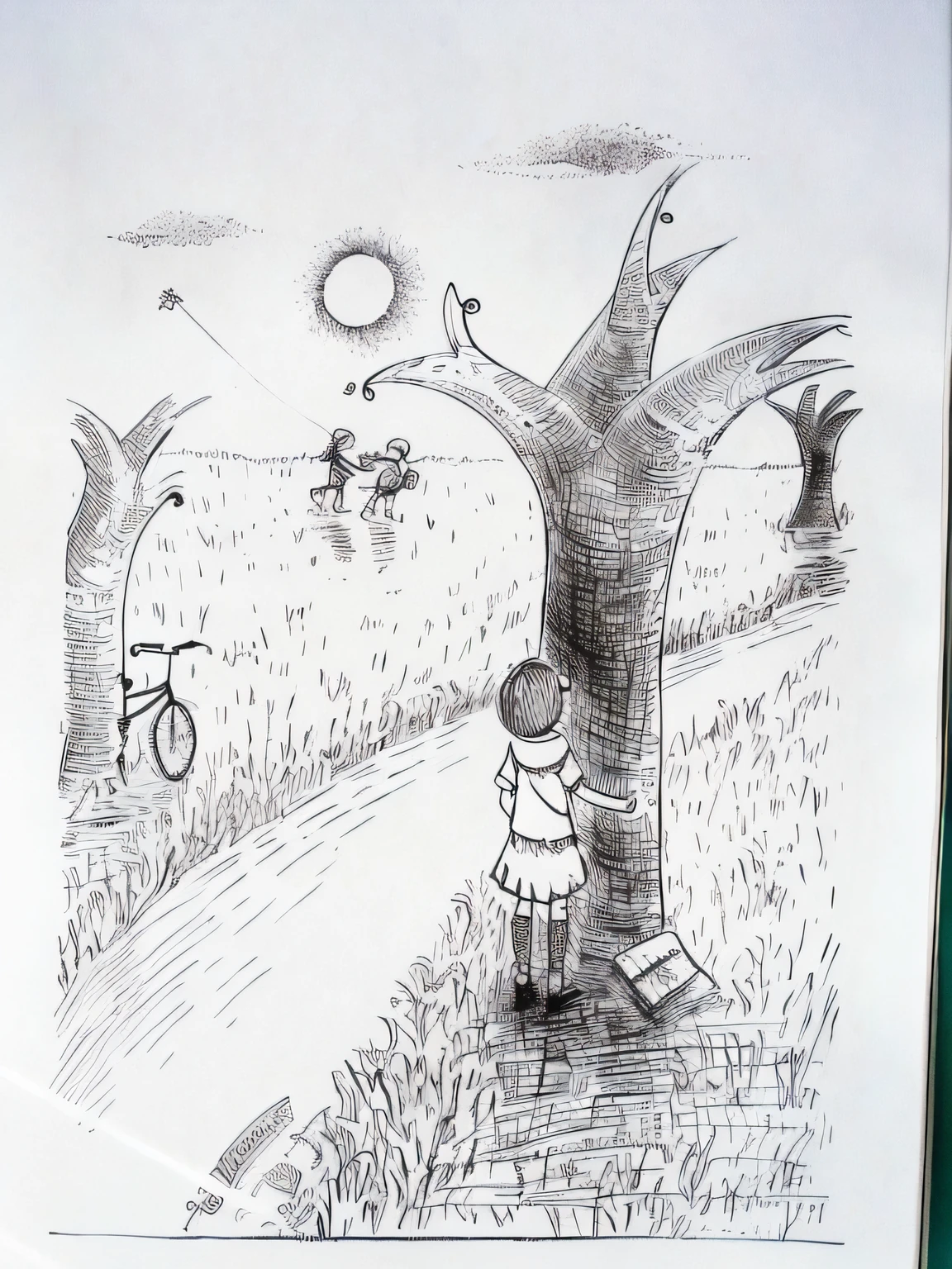 Draw a girl standing under a tree riding a bicycle, children's book drawing, sketch of a lucid dream, based on child's drawing, monochrome drawing, pen and ink illustration, Children\'s book drawing, Inspired by Junji Ito, surrealism painting, kids drawing, kids fantasy drawing, inspired by Jessie Newbery, a 's drawing, ink and watercolor painting