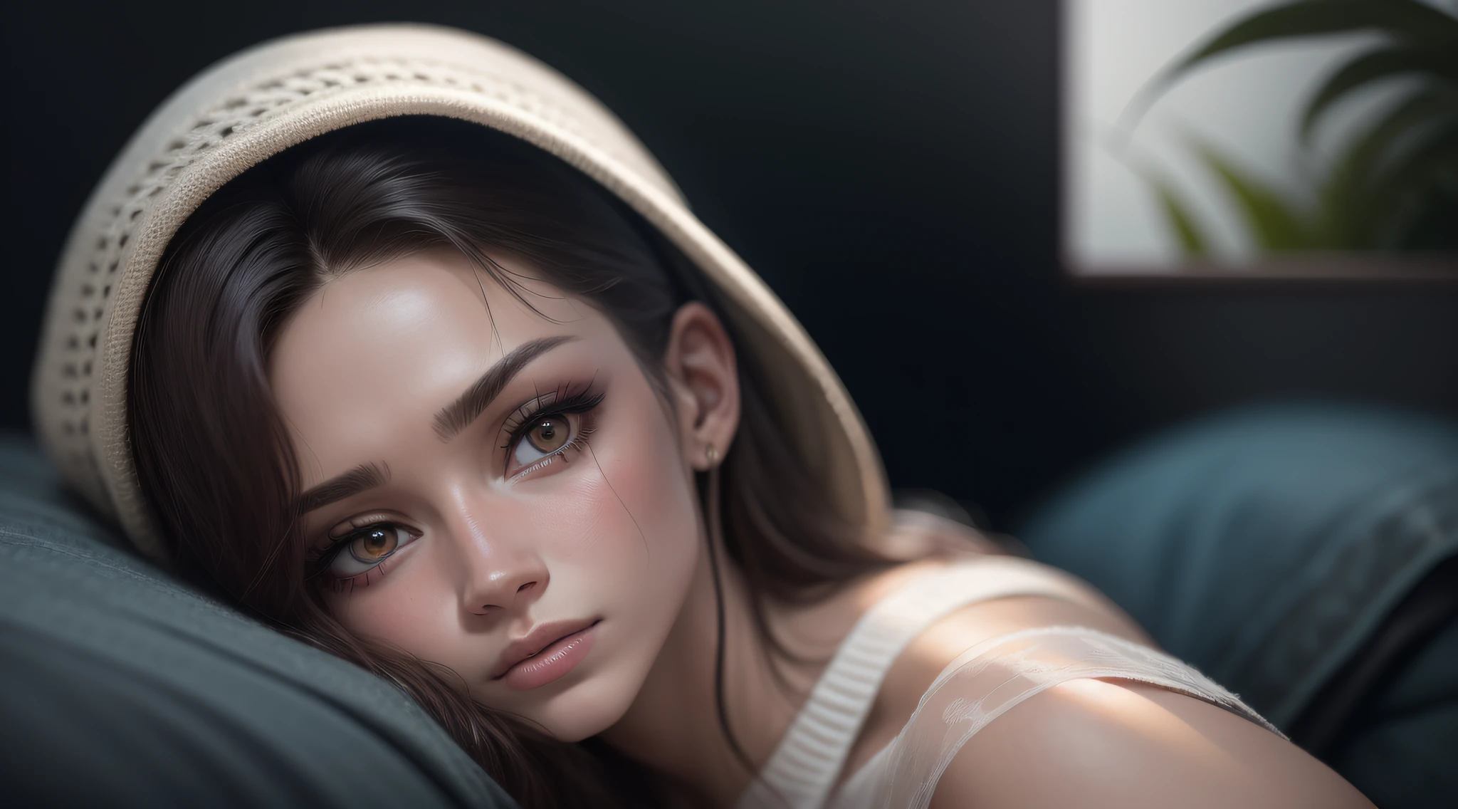 Self-portrait of a woman wearing a translucent white sweater, (nsfw:1.2), (fotorrealista:1.4), pele intrincada, rosto altamente detalhado, Foto RAW, 8k UHD, qualidade superior, melhor qualidade, altamente detalhado: 1.2), em um quarto ao lado de uma cama desarrumada, inspirado em atriz de novela brasileira, (Hairy:1.2). (NSFW:1.2)