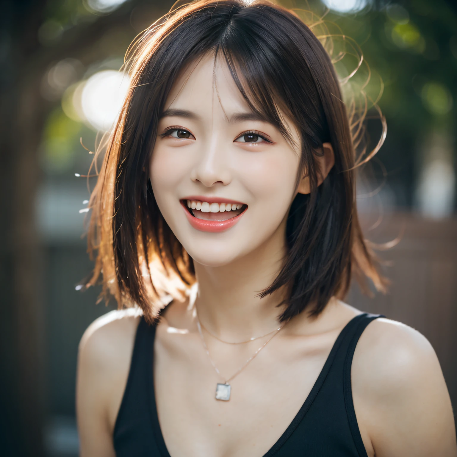 Dressed, (photographrealistic:1.4), (Hyper realistic:1.4), (Realistic:1.3), (Smoother lighting:1.05), (increase cinematic lighting quality:0.9), 32K, 1girl in,25-years old, Realistic lighting, Backlighting, Light on Face, raytrace, (Brightening light:1.2), (Increase quality:1.4), (Top quality real texture skins:1.4), finely detailed eyes, finerly detailed face, (tired and sleepy and joy:0), (Laugh:1.4), Black underwear,a necklace, (Increase body line mood:1.1), (Increase the beauty of skin texture:1.1)