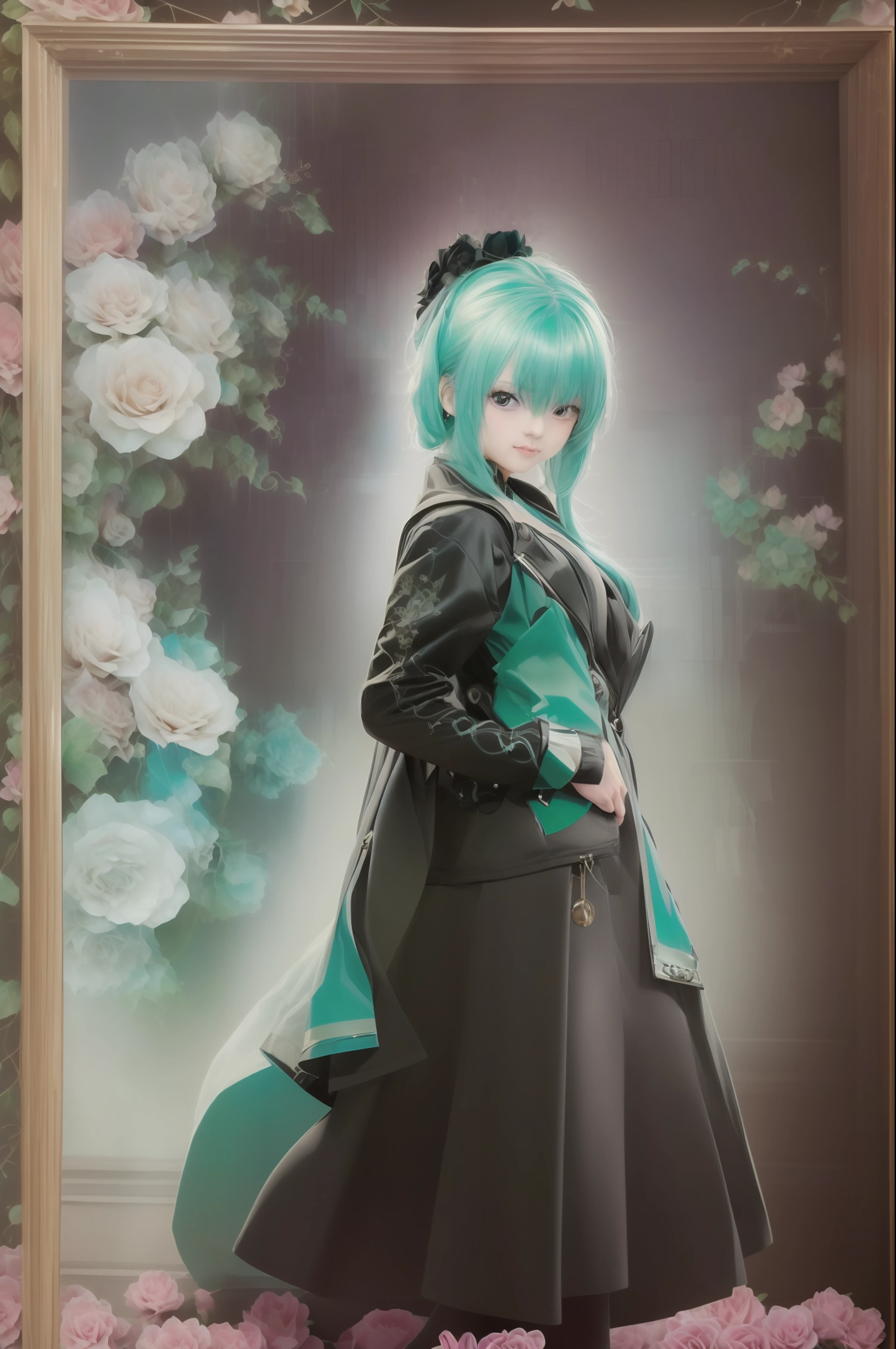 Photographic poster of beautiful women, Sony α7, 35mm Lens, f1.8、((Konmutsuki_gacha_series1, punk_rosette))), cute girl, aqua color flowers, (full body), elegant flowers background, realistic photo, beautiful woman, Beautiful girl, beautiful background, charming girls, realistic 3d style, photo realistic render