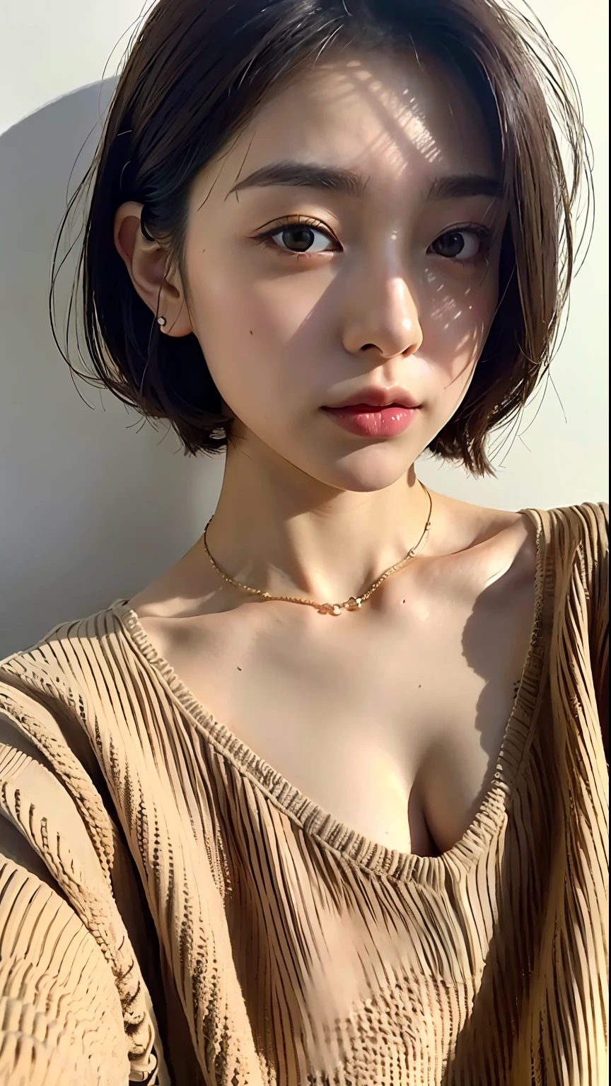 (Best quality, 8k, 32k, Masterpiece, UHD:1.2),Photo of Pretty Japanese woman, large breasts, very short bob hair,upper body,face focus,oversized_sweater, necklace, simple background, from above, looking at viewer,