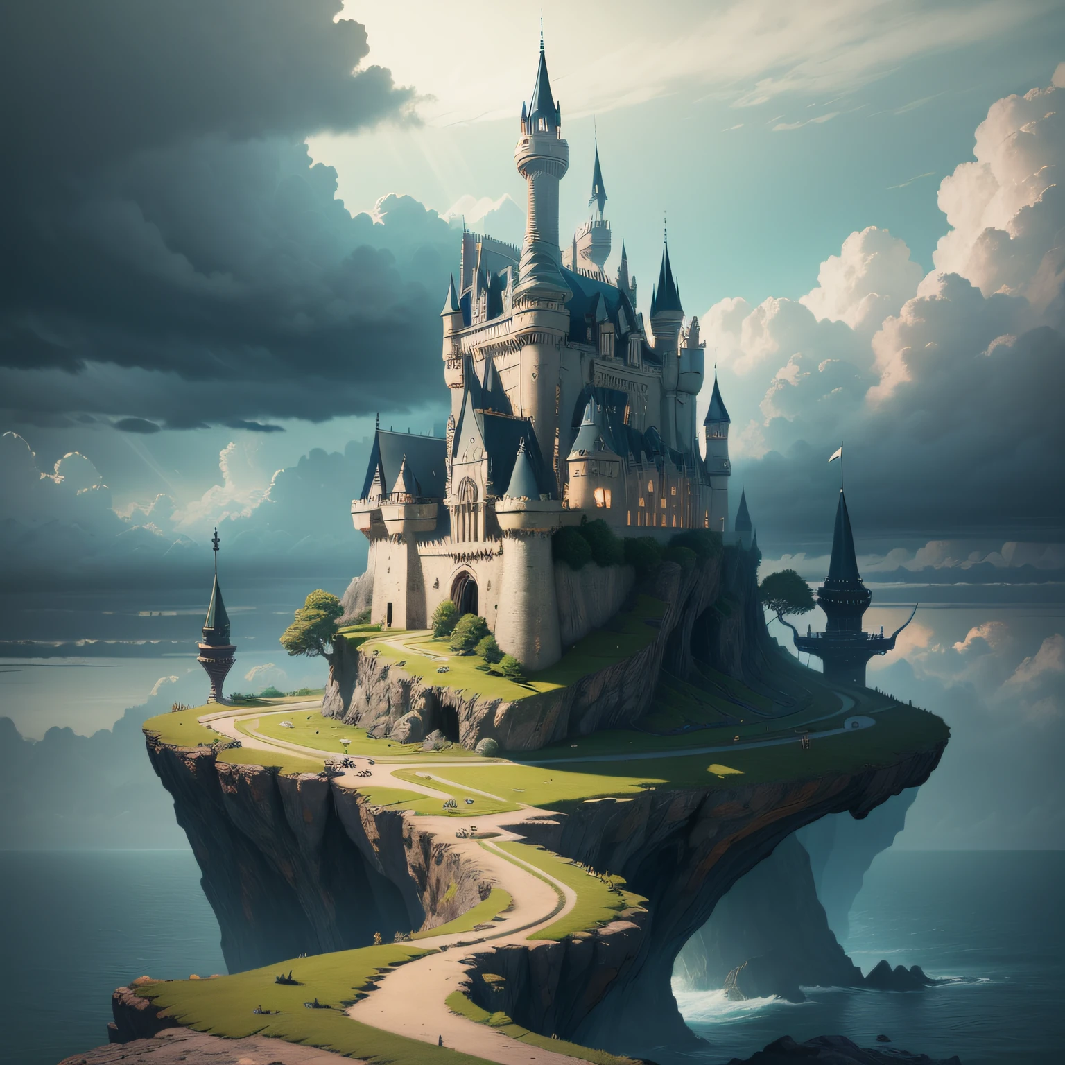 Magnificent wide-angle view of an old fantasy castle,The castle was built on a rocky bridge on top of a green stone island in the middle of a dark green wave sea, sun through majestic clouds, highly detailed rock structures, Artistic composition, Focus on housing, Intricate concept art, Digital painting, colourful flat surreal design, k hd, 8K, art stations, Ambient lighting,salama,dark cloude