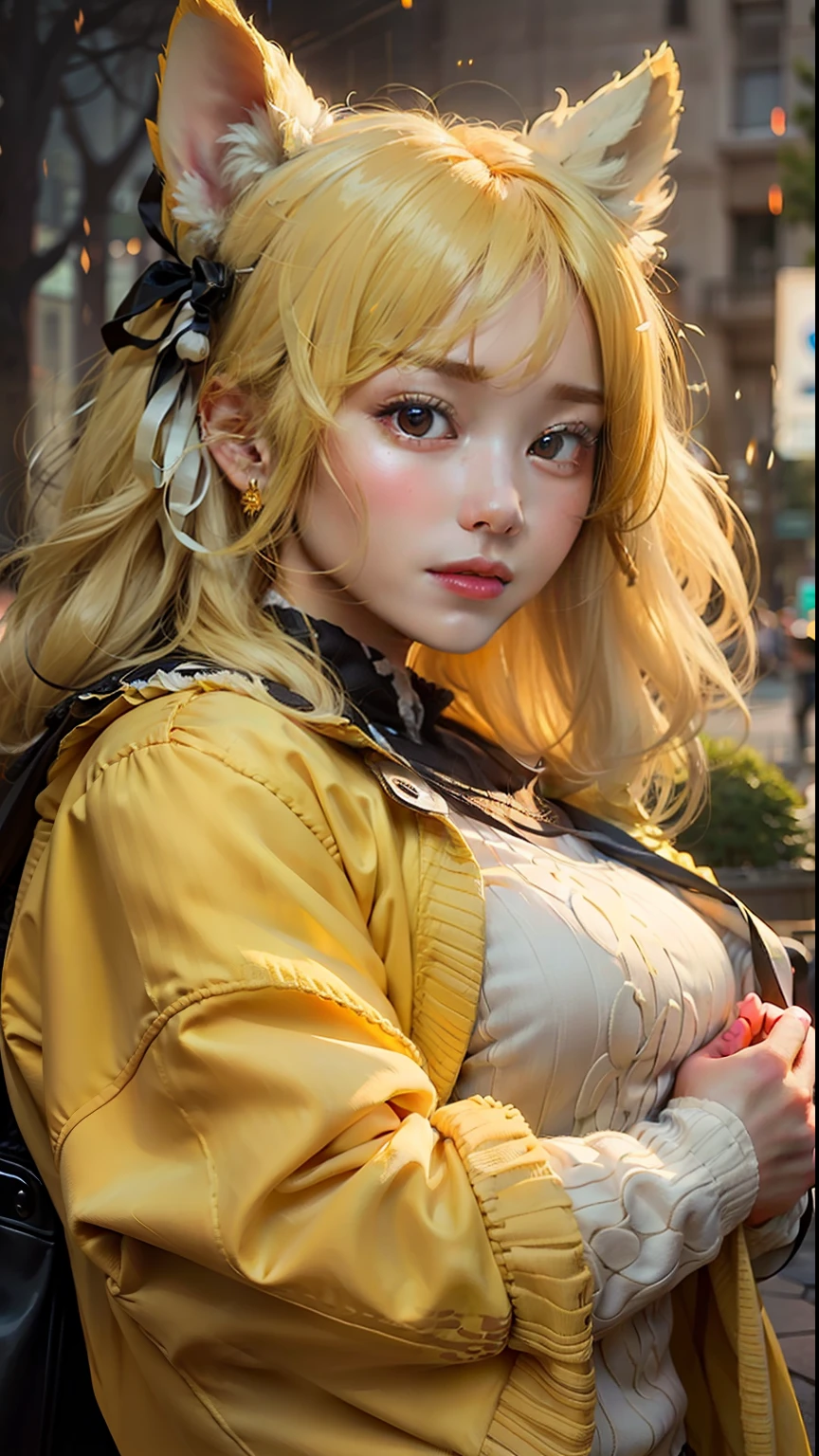 (((master piece))),((best quality)),park, detailed,1girls, standingn, yellow hair,white shirt,sweater,pants,focusultra detailed face